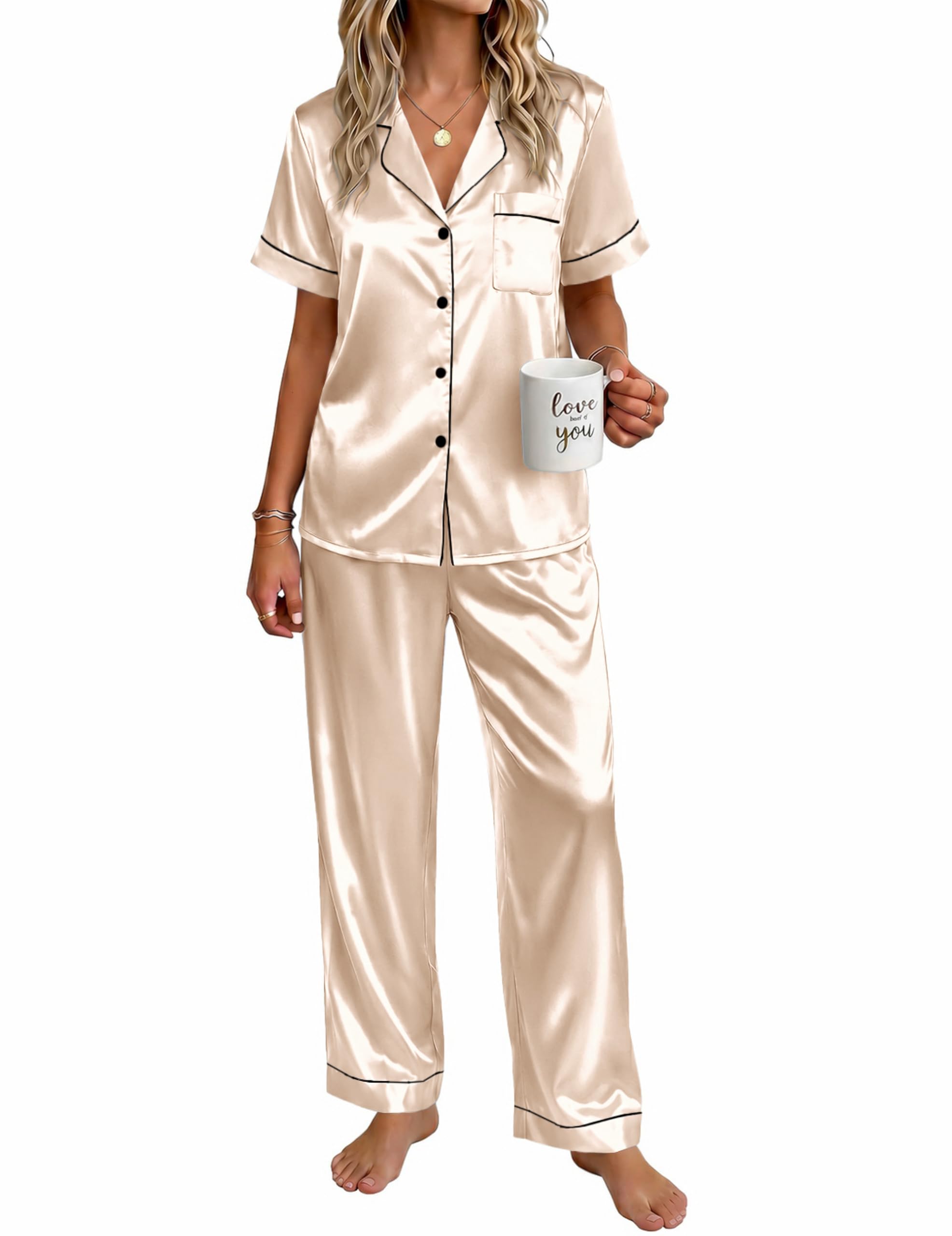 Ekouaer Womens Satin Pajama Set Silky Short Sleeve Button Down Pj Set