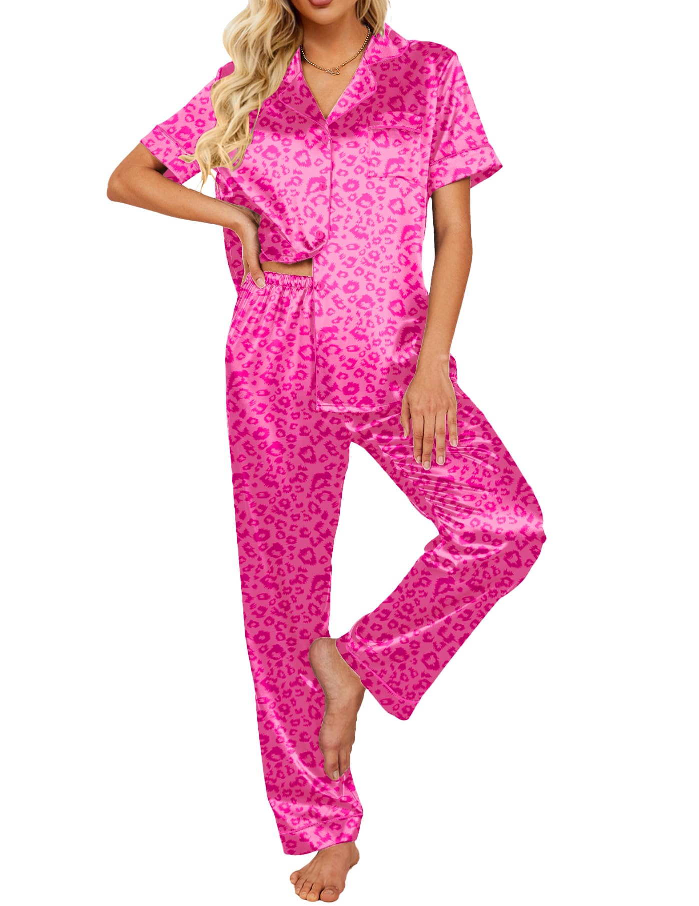 Ekouaer 2 Piece Satin Short Sleeve Pajamas Set Button Down Sleepwear