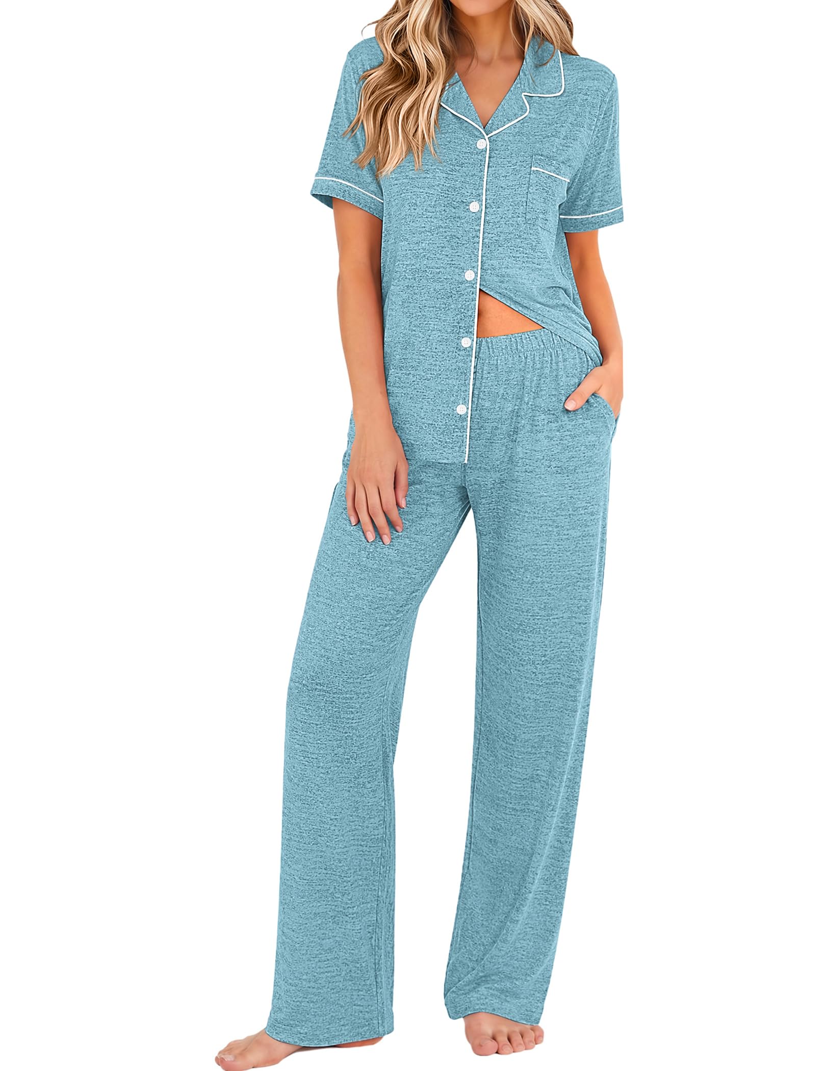 Ekouaer Pajamas for Women Set Short Sleeve Long Pants 2 Piece Lounge Set