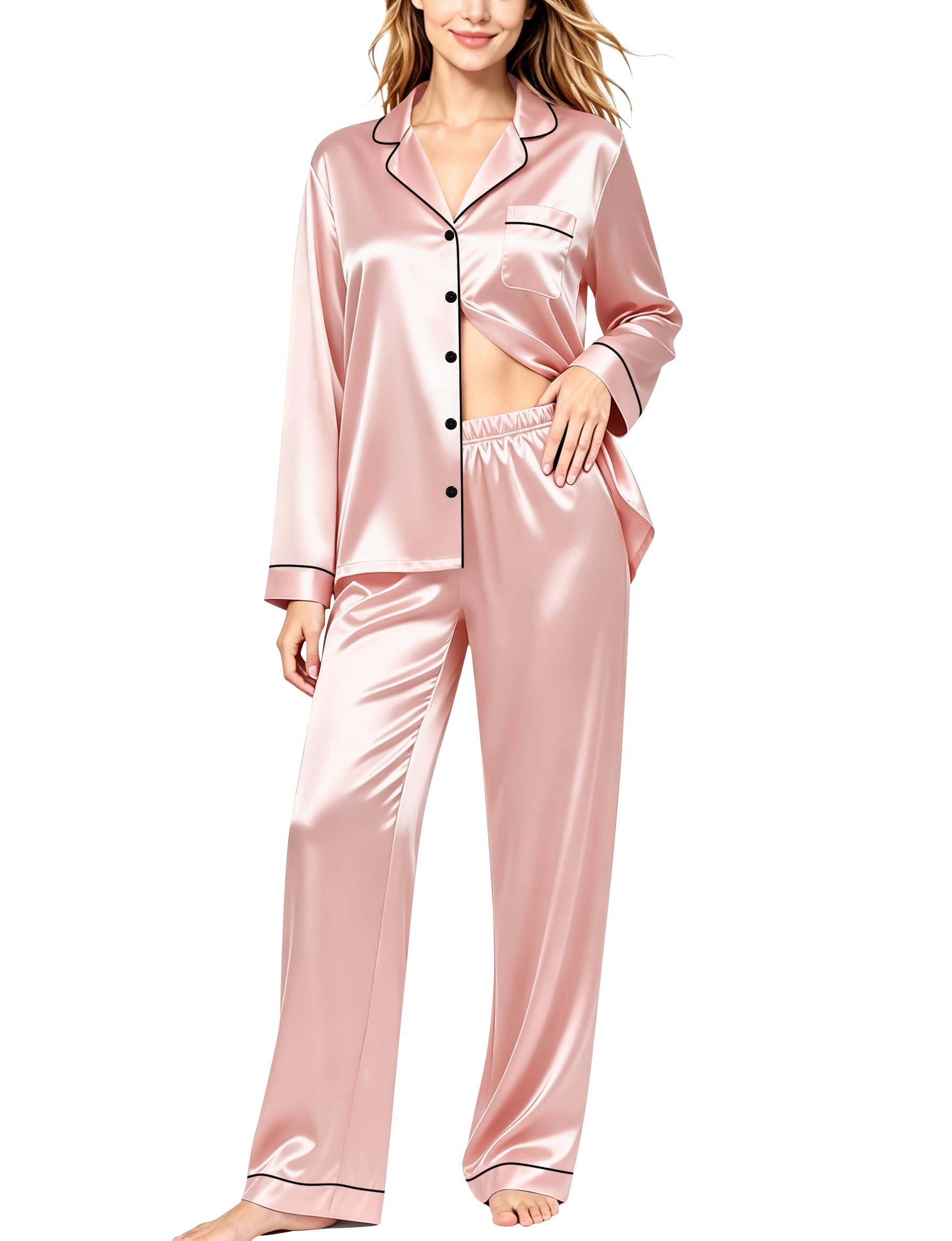 SWOMOG Womens Silk Satin Pajamas Set Long Sleeve Button Down Sleepwear 2 Piece Lounge Set Pj Set XS-3XL
