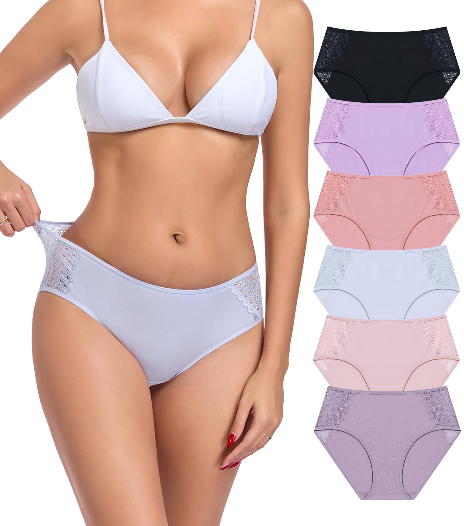 COLORFULLEAF Women's Cotton Hipster Panties Sexy Lace Underwear Pack Soft Moisture Wicking Bikini Briefs