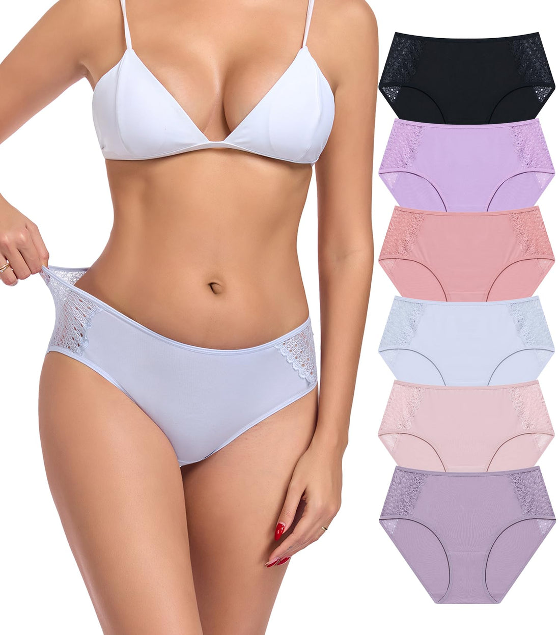 COLORFULLEAF Women's Cotton Hipster Panties Sexy Lace Underwear Pack Soft Moisture Wicking Bikini Briefs