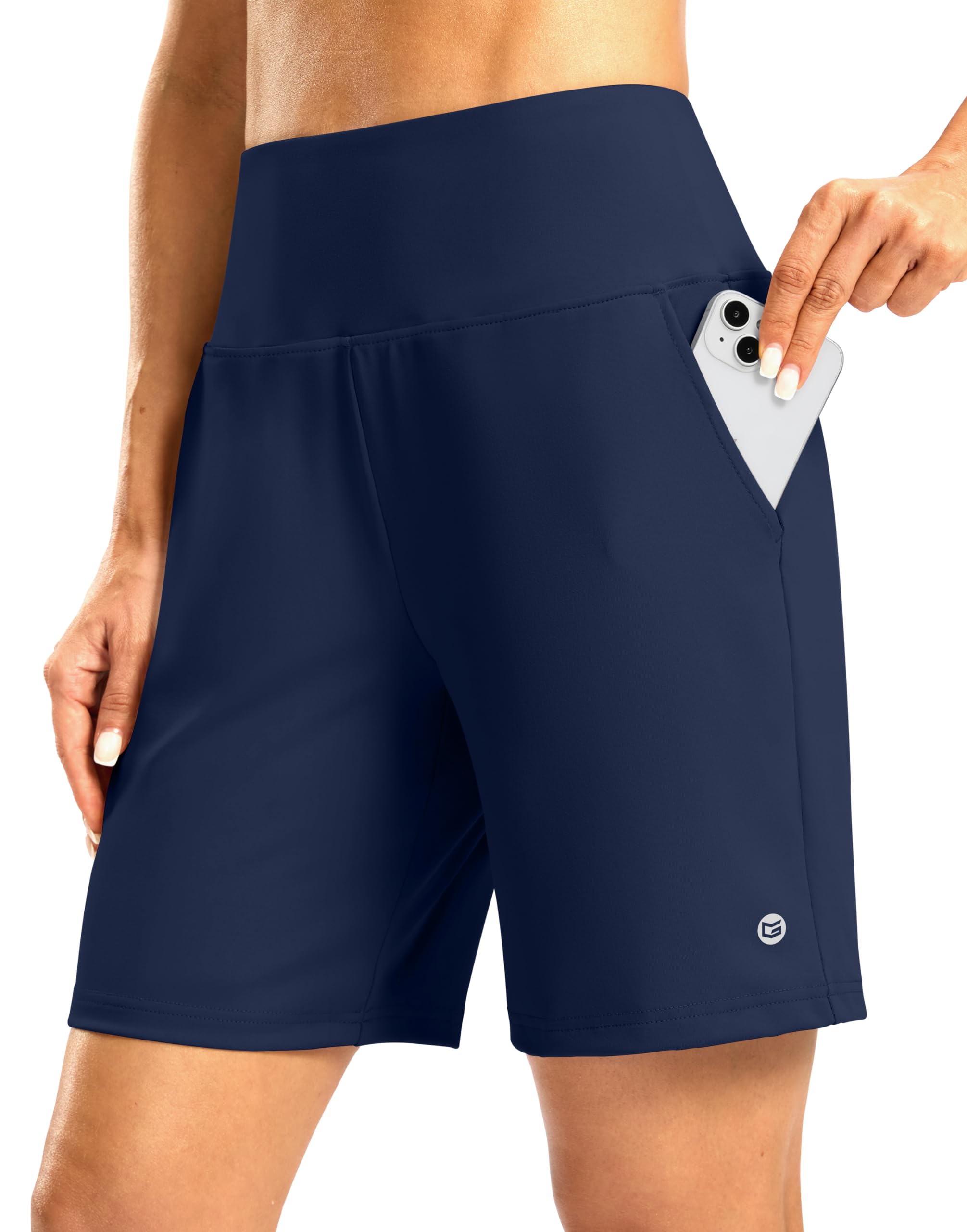 Women's Athletic Shorts with Zipper Pocket 7" High Waisted Stretchy Bermuda Shorts for Women Workout Running Casual