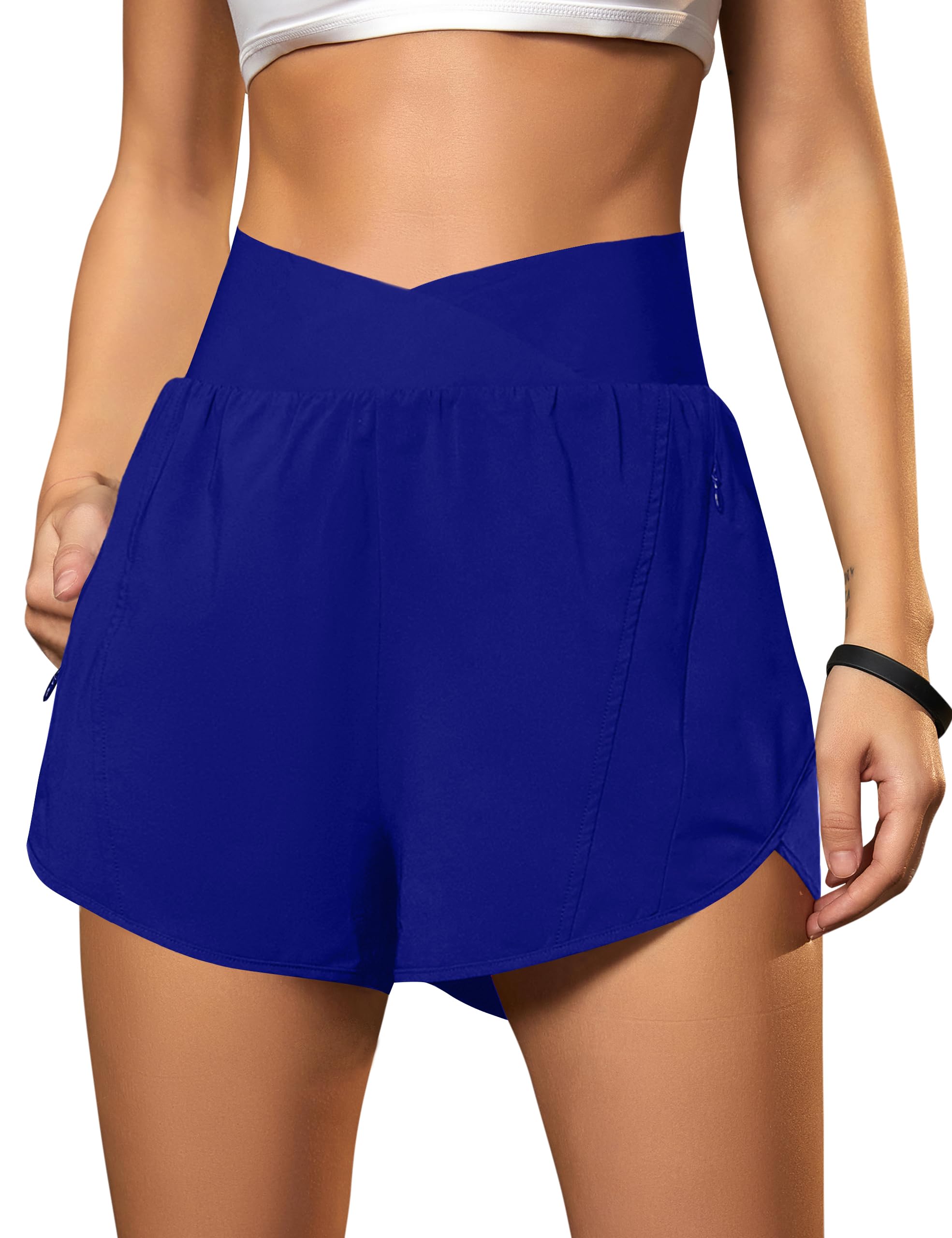 Blooming Jelly Women's Workout Shorts Athletic Running Shorts Crossover High Waisted Gym Shorts with Zipper Pockets