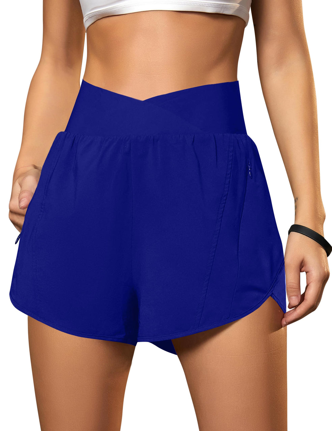 Blooming Jelly Women's Workout Shorts Athletic Running Shorts Crossover High Waisted Gym Shorts with Zipper Pockets