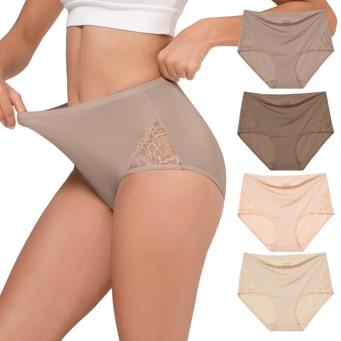 INNERSY Women's Lace Underwear Full Coverage Briefs 4 Pack | High Waisted Panties, Lightweight Stretch Nylon Blend, Quick-dry, Silky-Smooth, Breathable, Soft Cotton Crotch