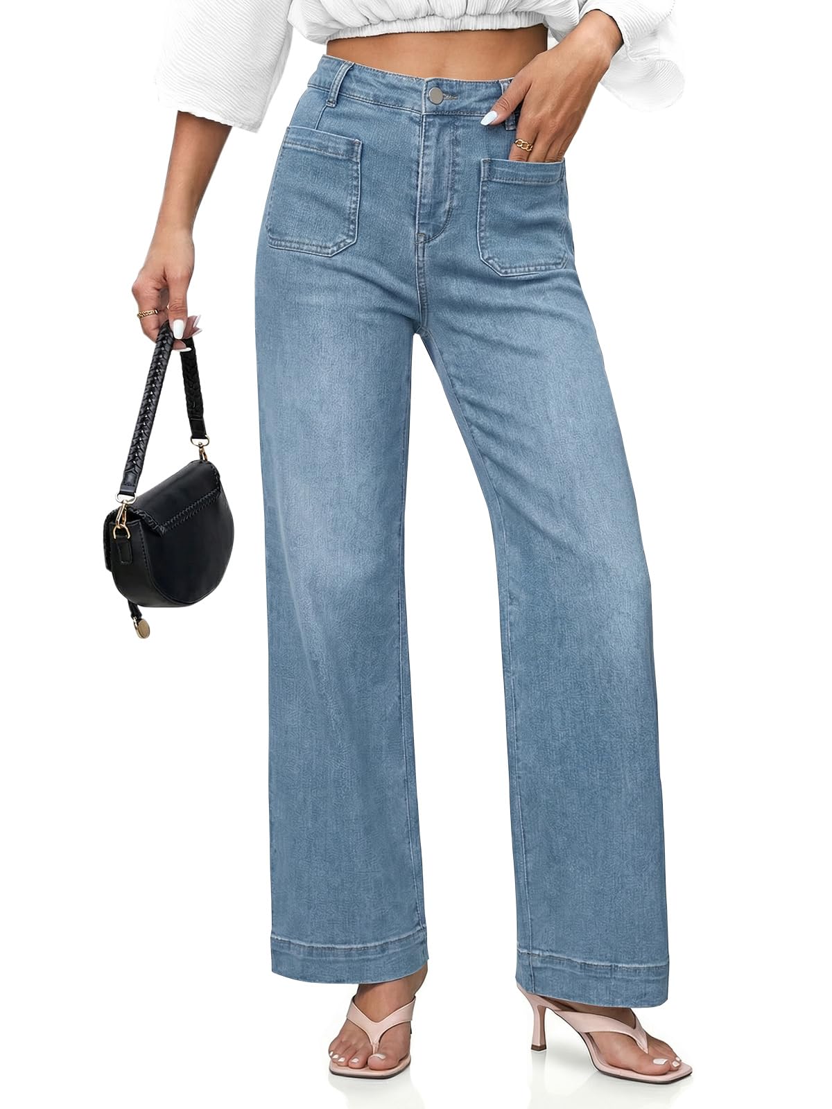 Cicy Bell Womens Wide Leg Jeans High Waisted Straight Leg Denim Pants | Stretchy,Patch Pocket,Full Length,Loose,Trendy,Pockets Front
