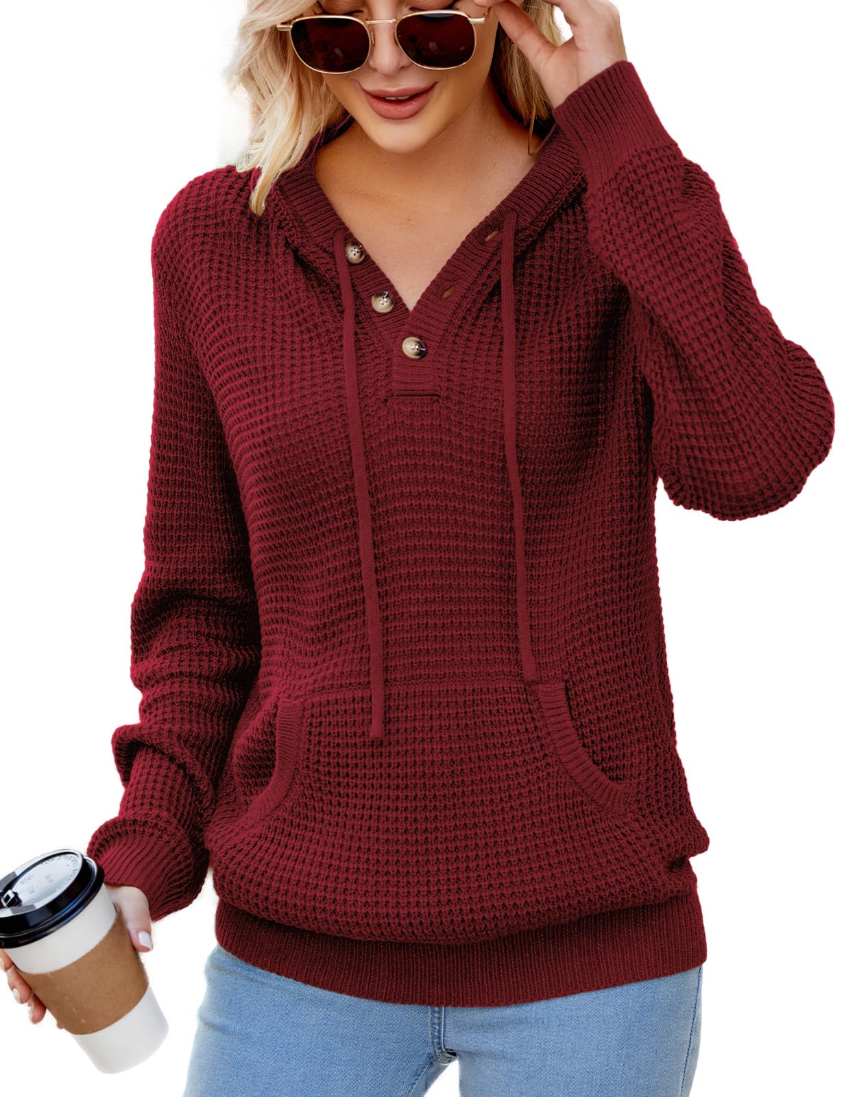 CiCiBird Women's Fall Hoodies Sweater V Neck Waffle Knit Top with Pocket | Loose Fit, V Neck Button, Adjustable Drawstring, Long Sleeve, Kangaroo Pocket, Weekend Errands, Daily Wear, Work Casual