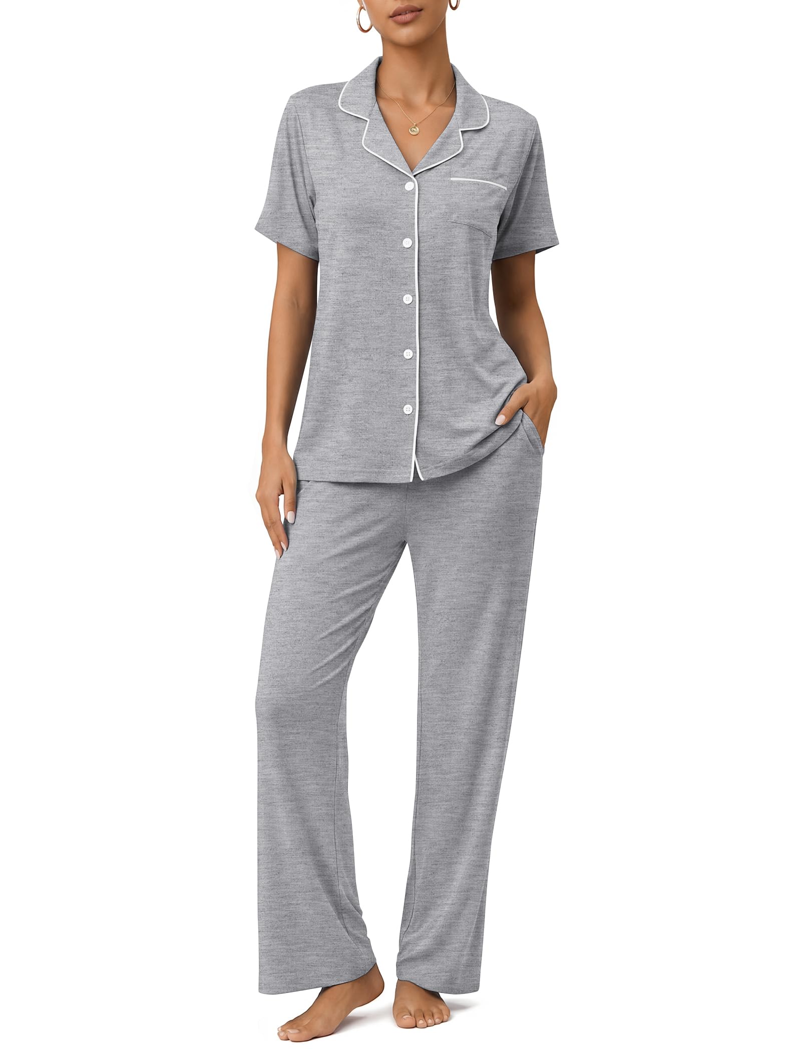 Womens Pajamas Sets 2 Piece Button Up Pj Sets Short Sleeve with Long Pant