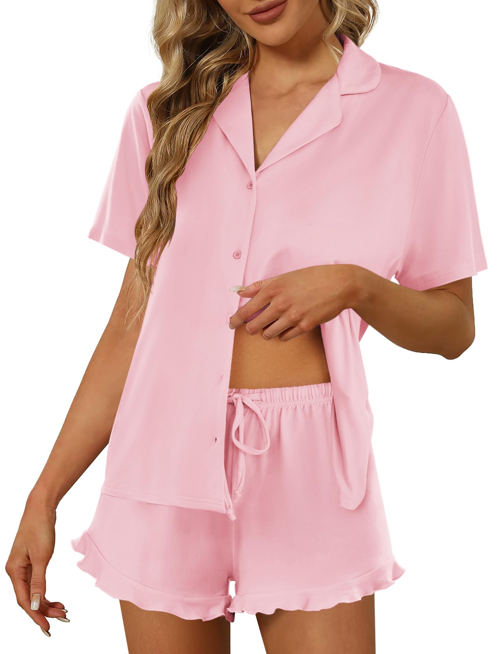 Ekouaer Pajamas Set for Women Short Sleeve Sleepwear Button Down Ruffle Pjs