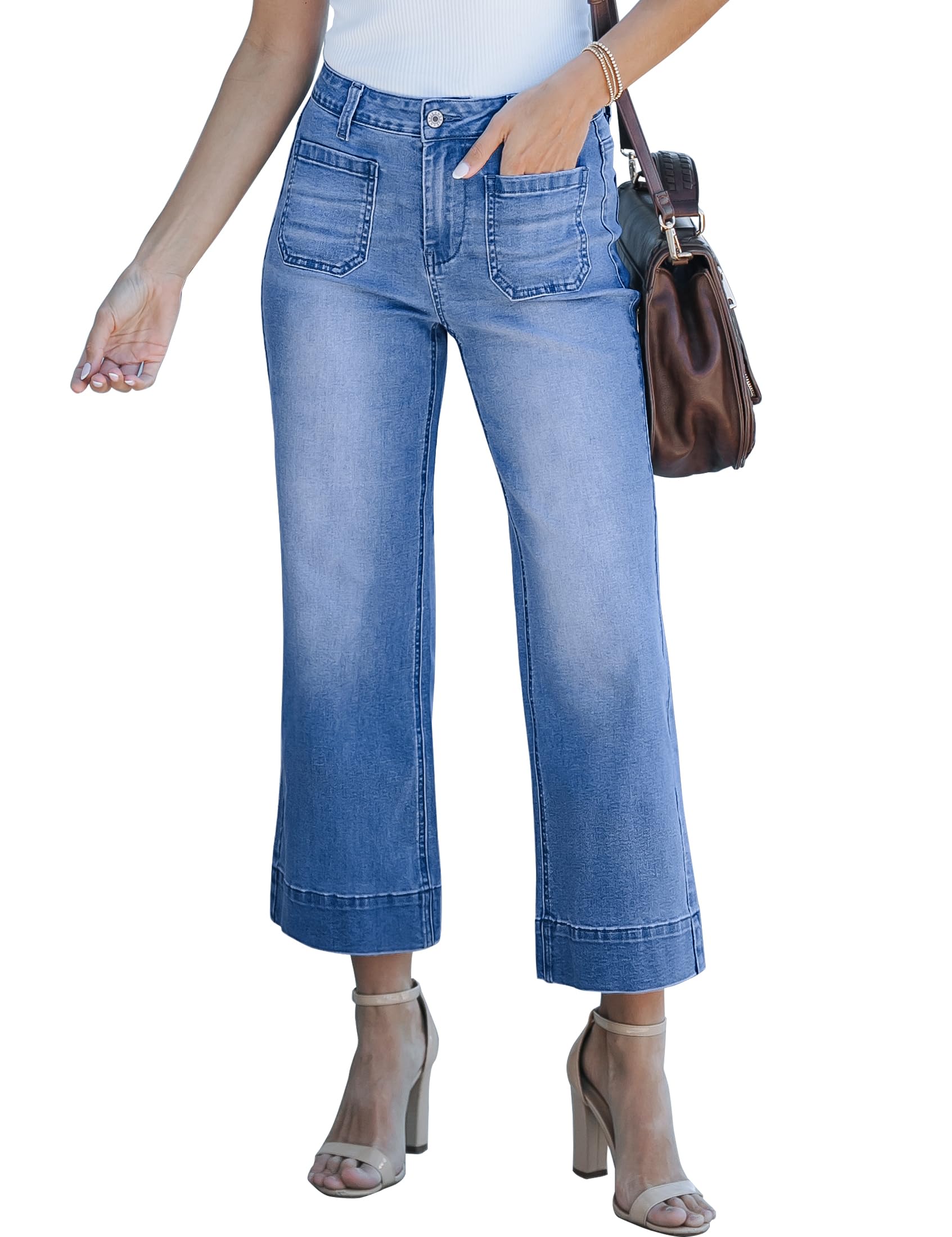luvamia Wide Leg Jeans for Women Trendy High Waisted Flare Jeans Cropped Denim Pants Stretchy Baggy with Patch Pockets