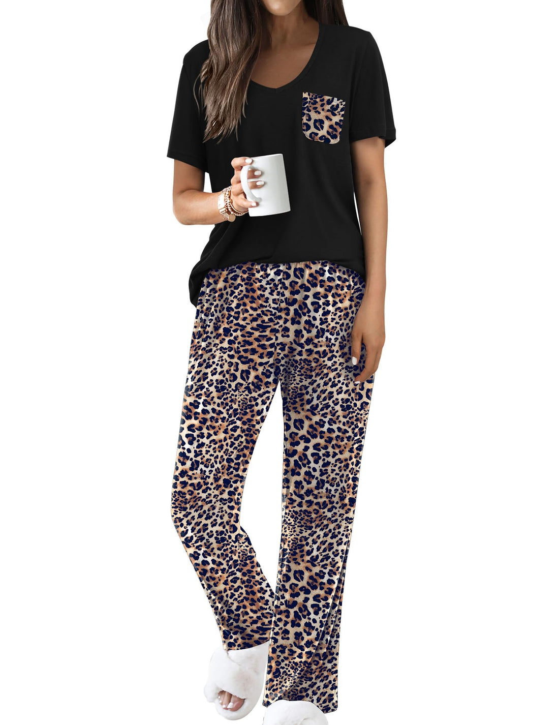Ekouaer Pajama Sets for Women 2 Piece Short Sleeve Pj V Neck Chest Pocket