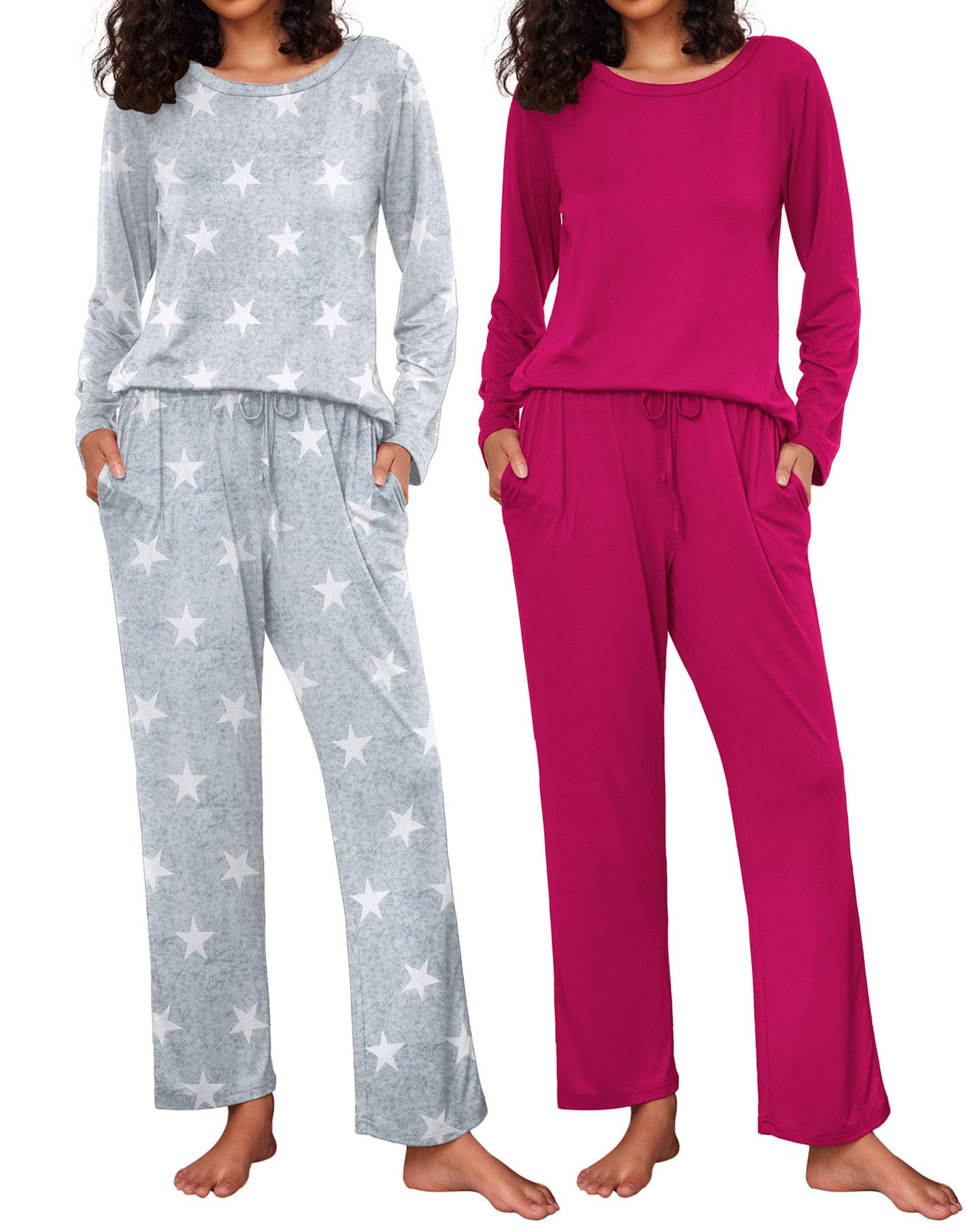 Ekouaer Women's 2 Pack Pajama Sets Long Sleeve Lounge Set Soft Comfy Pjs