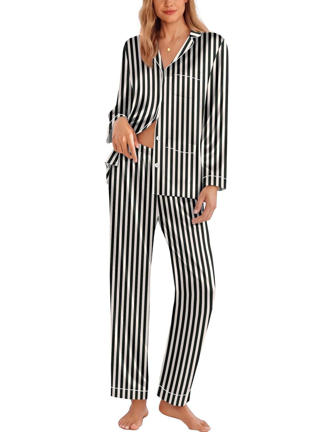 Ekouaer Pajamas for Women Silk Satin Button Down Long Sleeve Pajama Sets