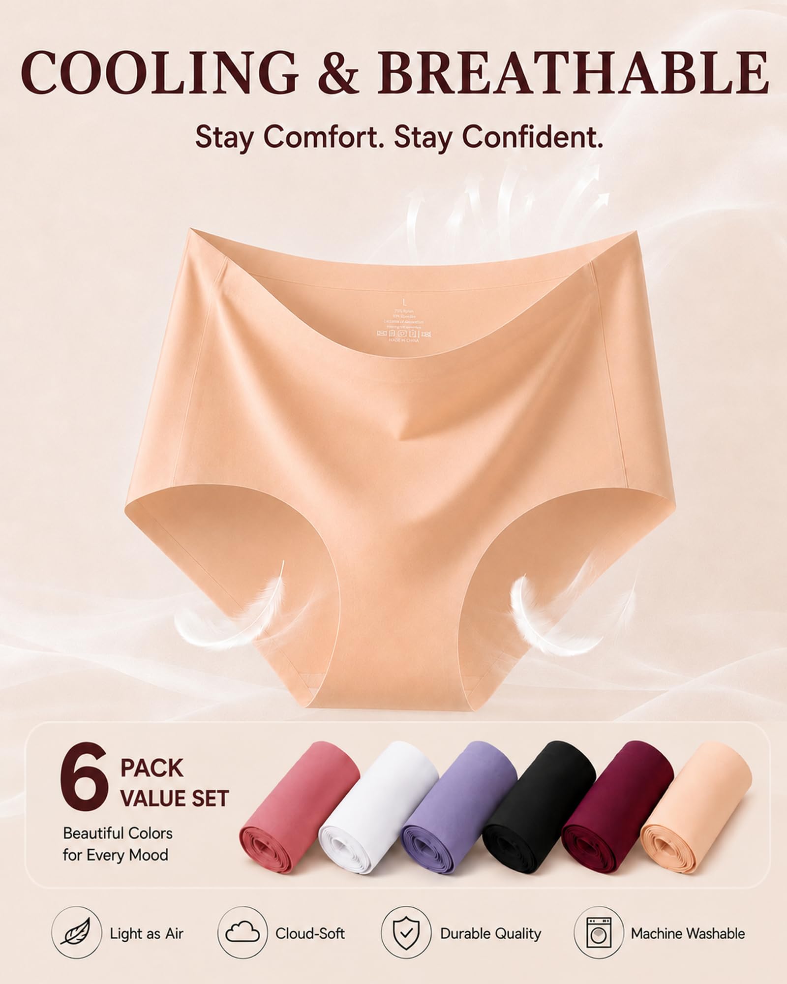 FINETOO 6 Pack Womens Seamless Underwear Full Coverage No Show Hipster Panties Sexy Stretchy Invisible Briefs Bikini Lingerie