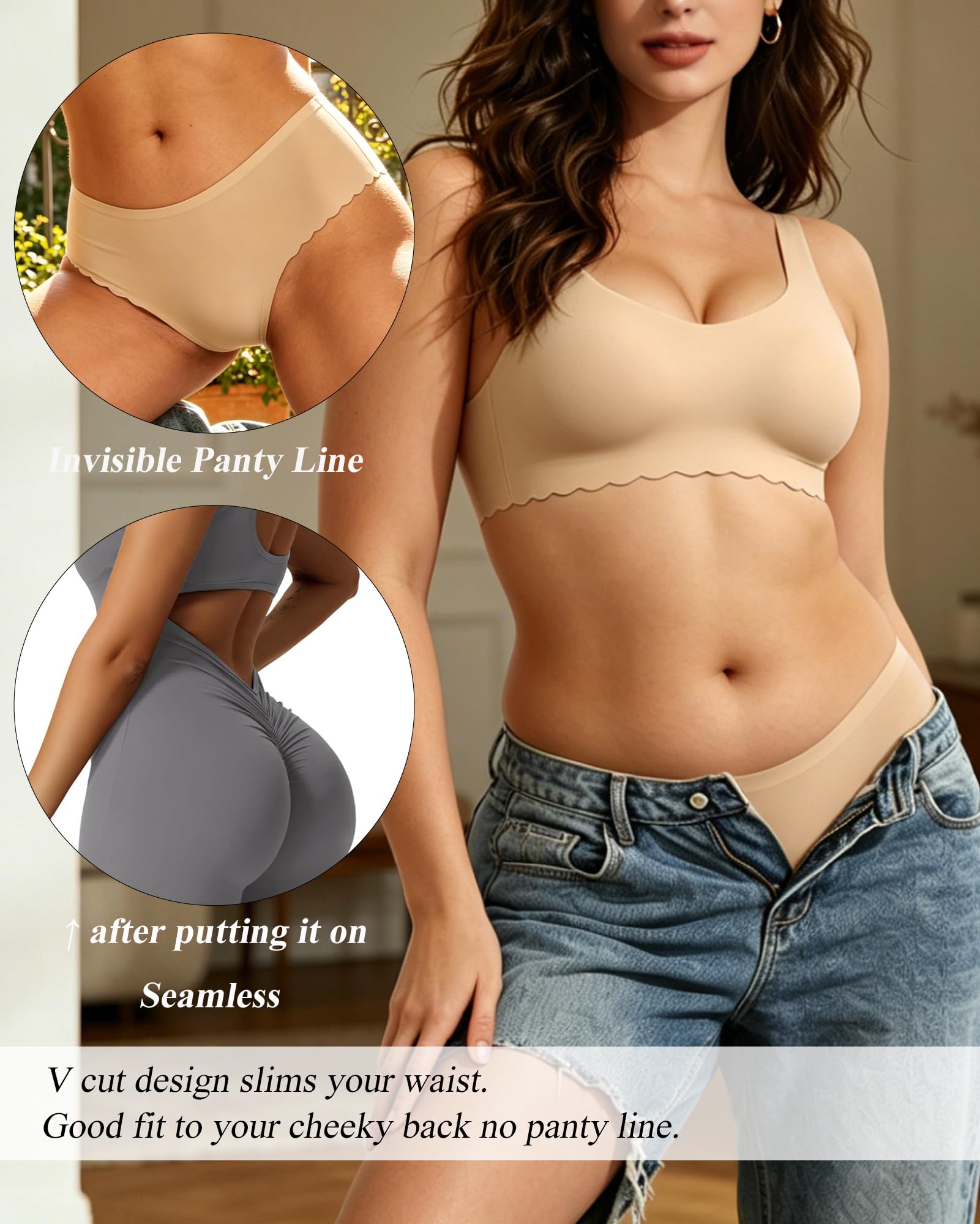 Sth Big High Waisted Seamless Underwear for Women No Show Panties Cheeky Scalloped Edge Bikini Breathable Briefs 6 Pack