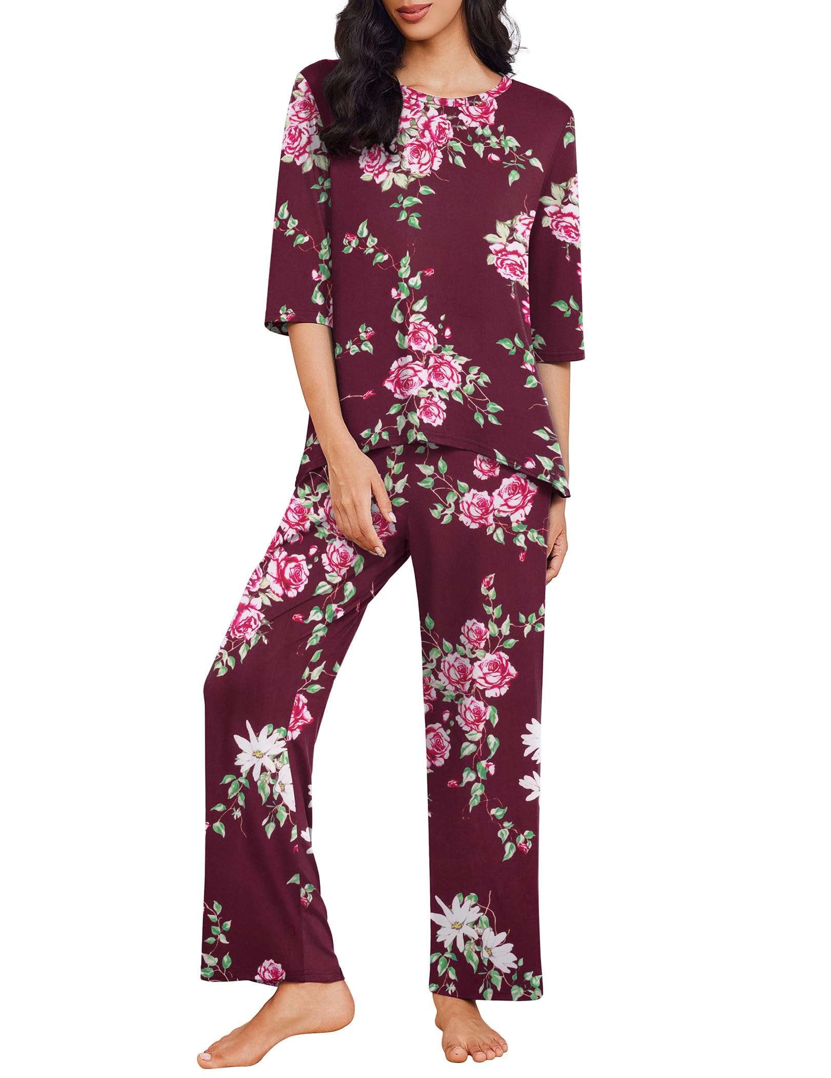 Ekouaer Womens Pajamas Set 2 Piece 3/4 Sleeve Tops Long Pants Pj Set