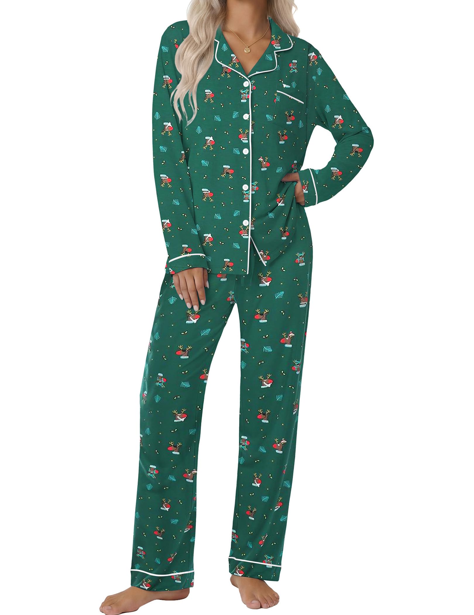 Ekouaer Women's Classic Long Sleeve Button Down Pajama Set