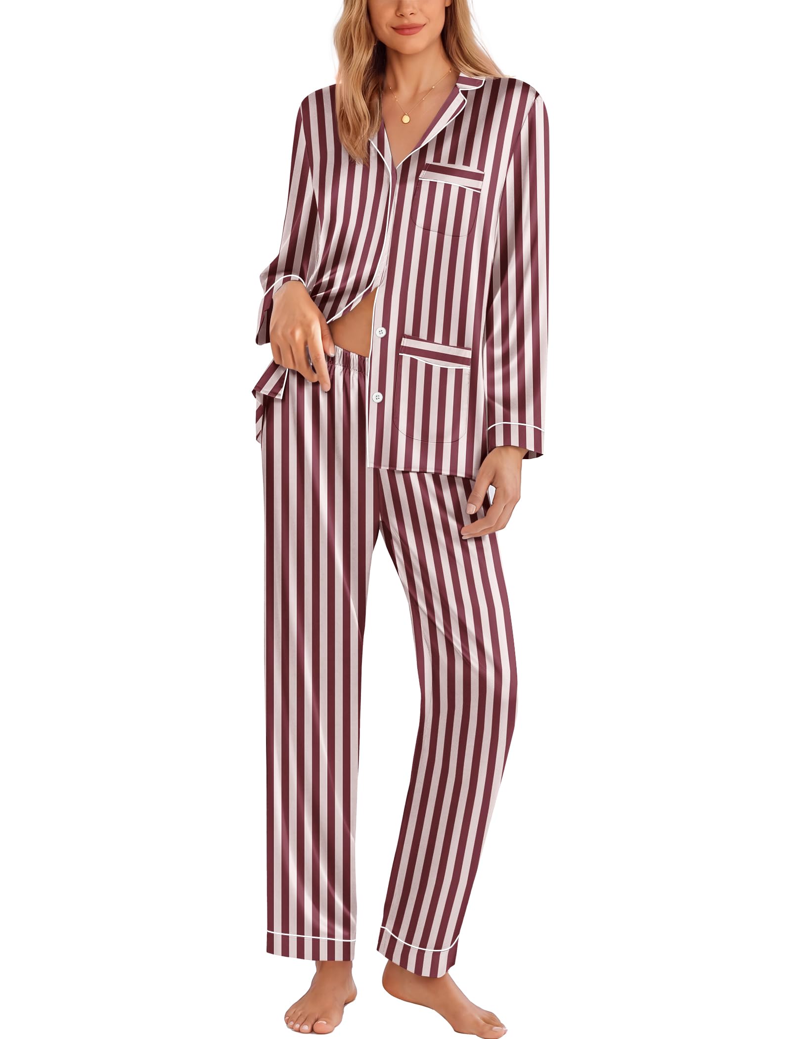 Ekouaer Pajamas for Women Silk Satin Button Down Long Sleeve Pajama Sets