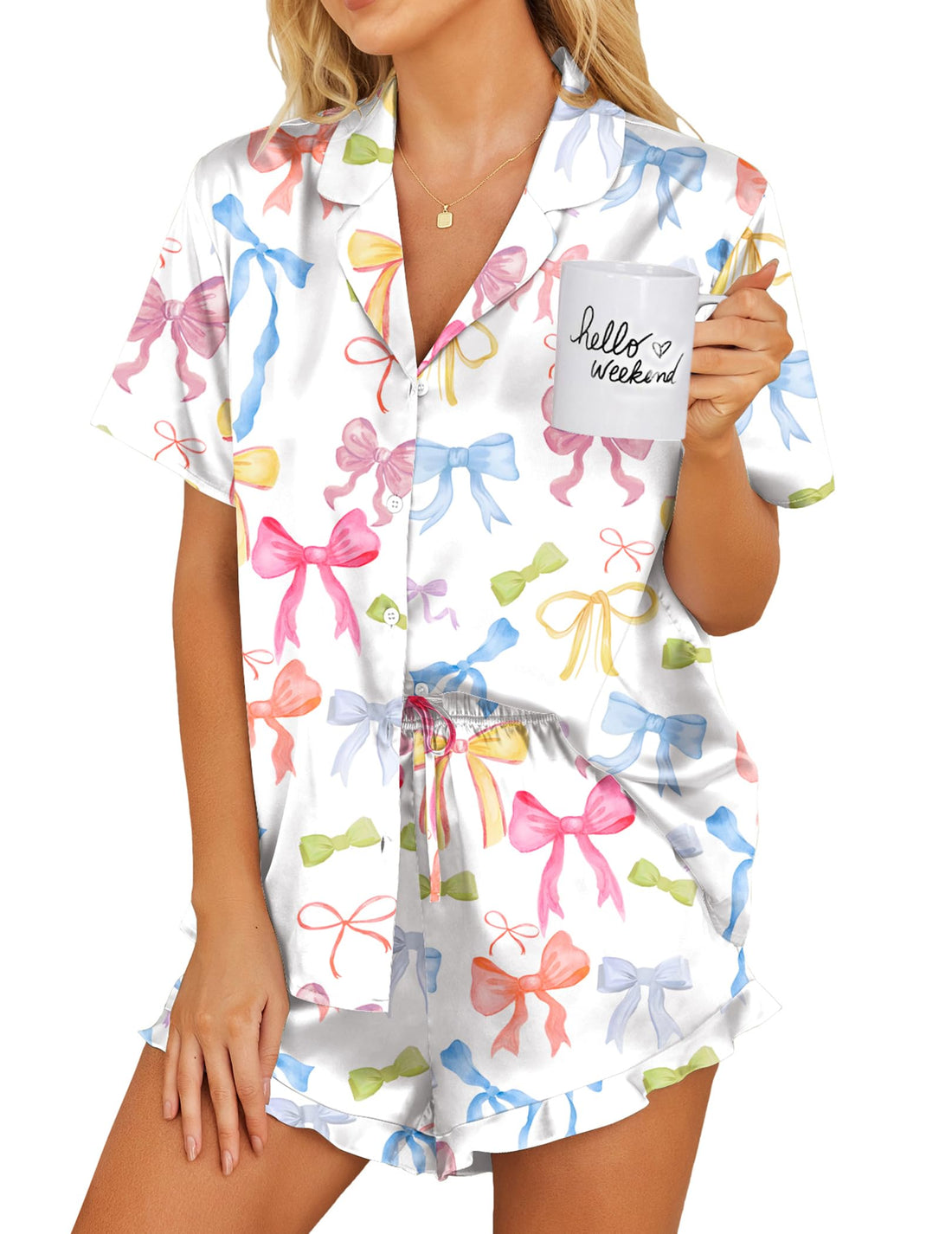 Ekouaer Womens Satin Pajamas Set Button Down Silk Pj Shorts Set with Ruffle