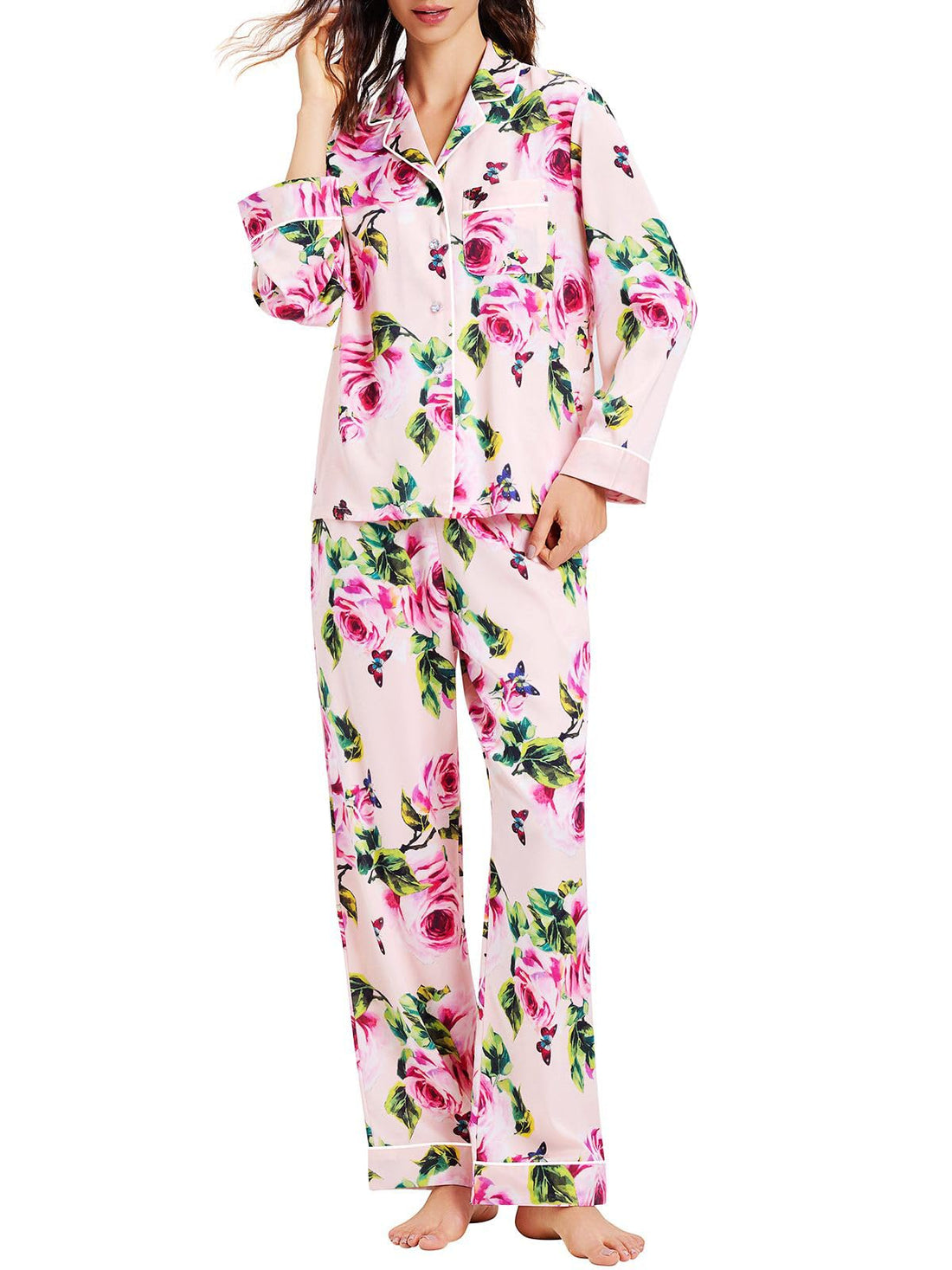 Lonxu Womens Satin Pajama Set Button Down Sleepwear Long Pj XS-3XL