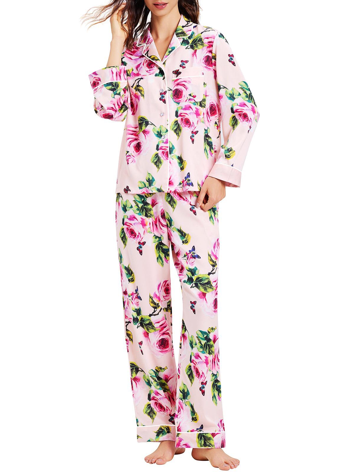 Lonxu Womens Satin Pajama Set Button Down Sleepwear Long Pj XS-3XL