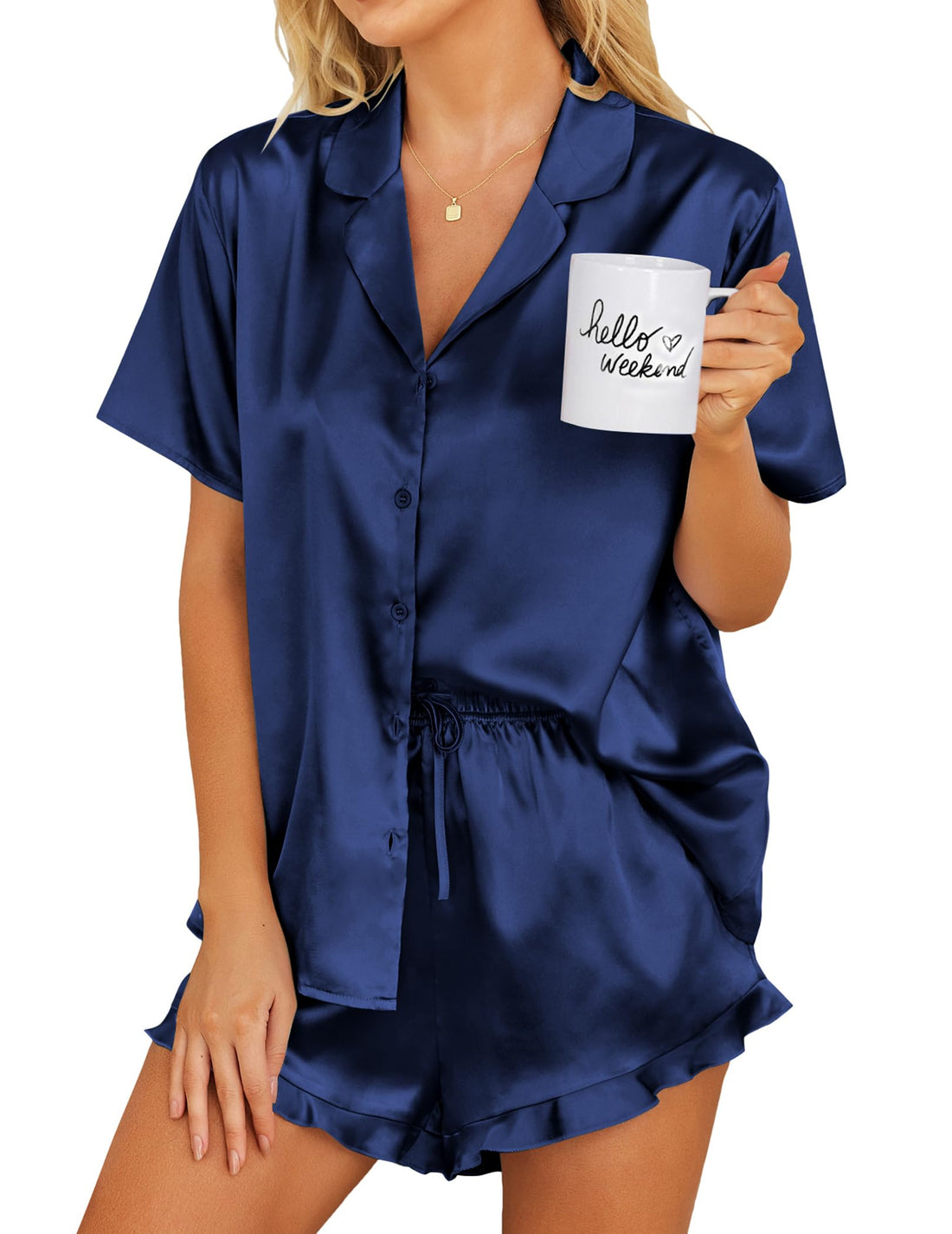 Ekouaer Womens Satin Pajamas Set Button Down Silk Pj Shorts Set with Ruffle