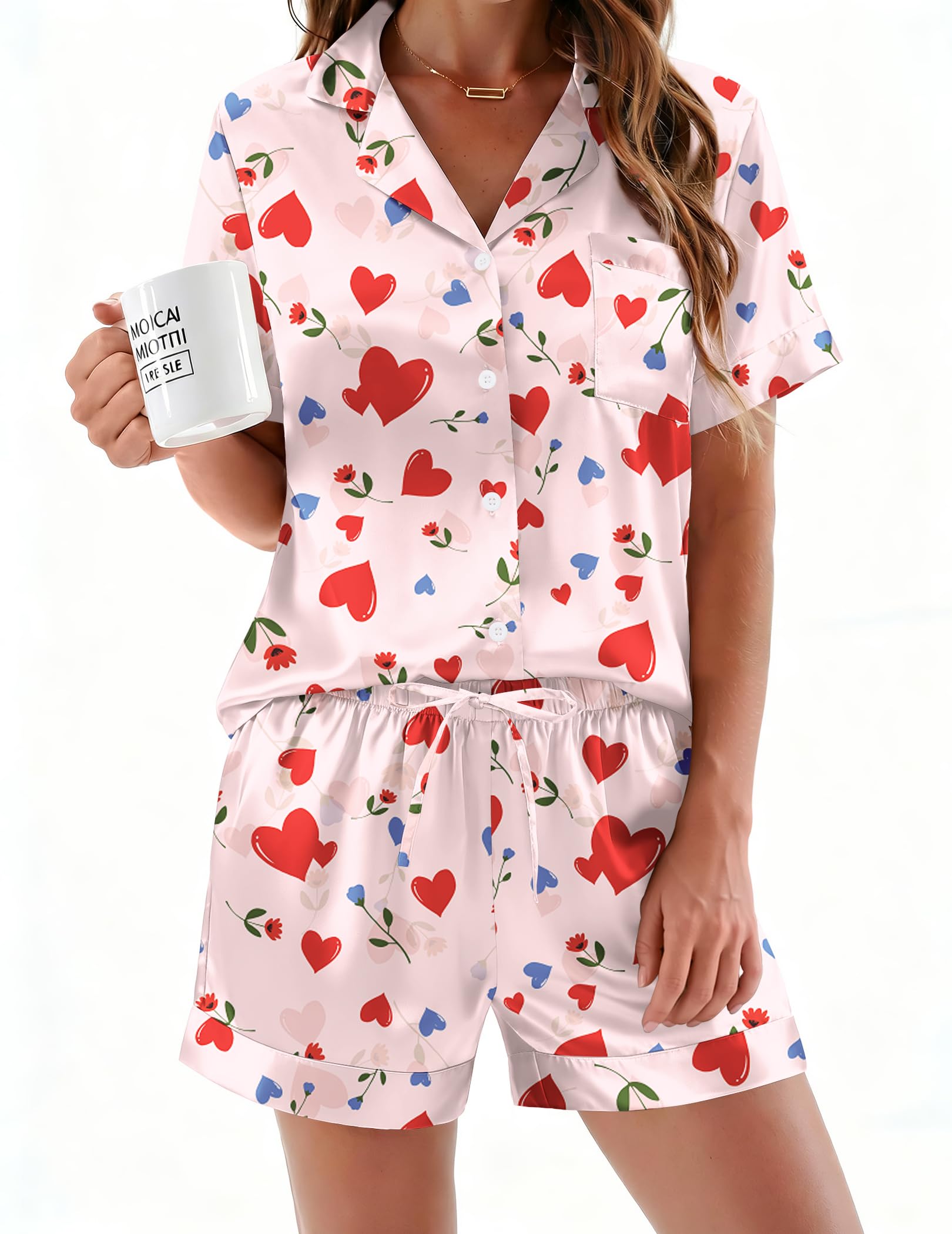 Ekouaer Silk Pajamas for Women Button Up 2 Piece Satin Pjs Shorts Set