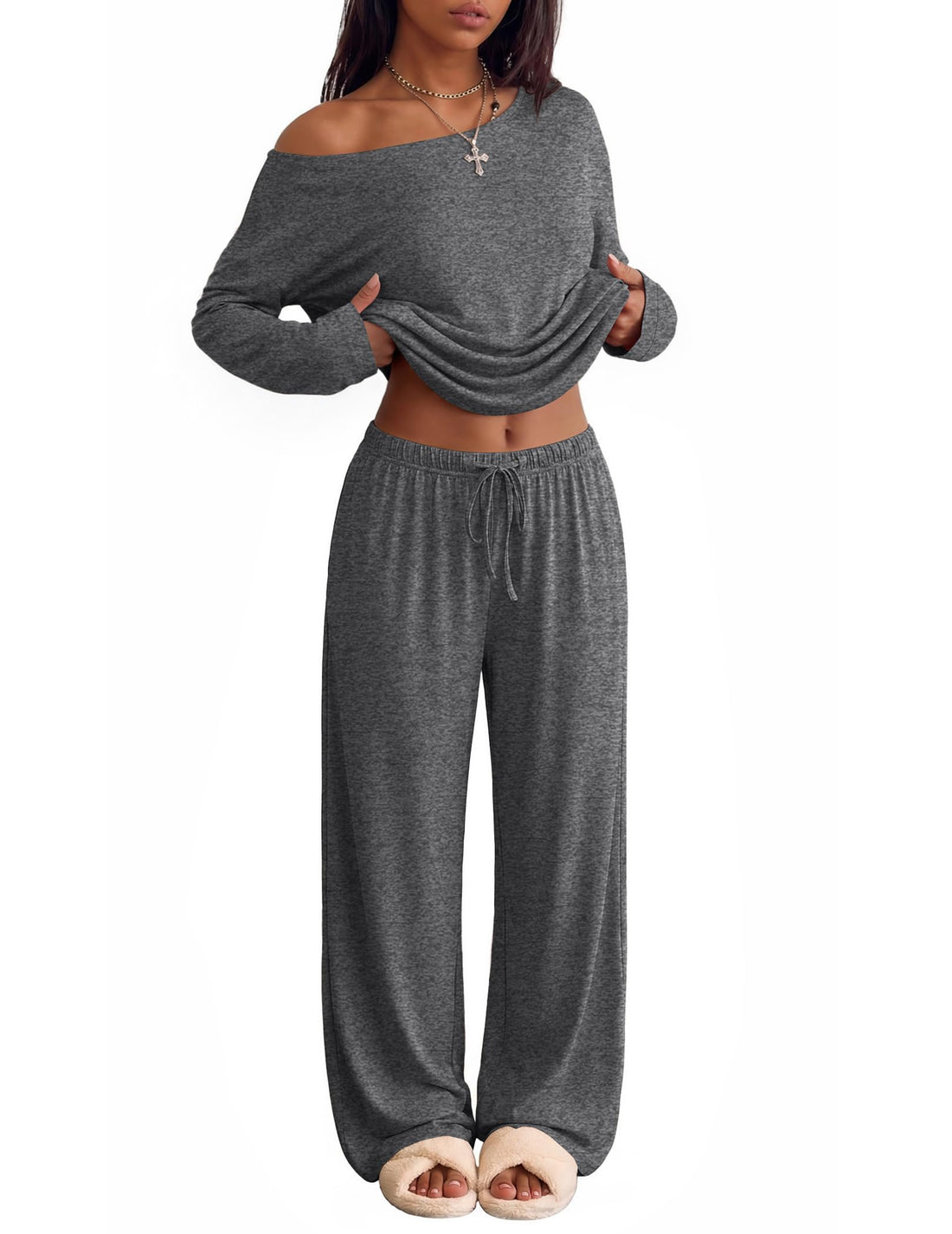 Ekouaer Womens Pajama Sets Off Shoulder Lounge Set 2 Piece Long Sleeve PJs