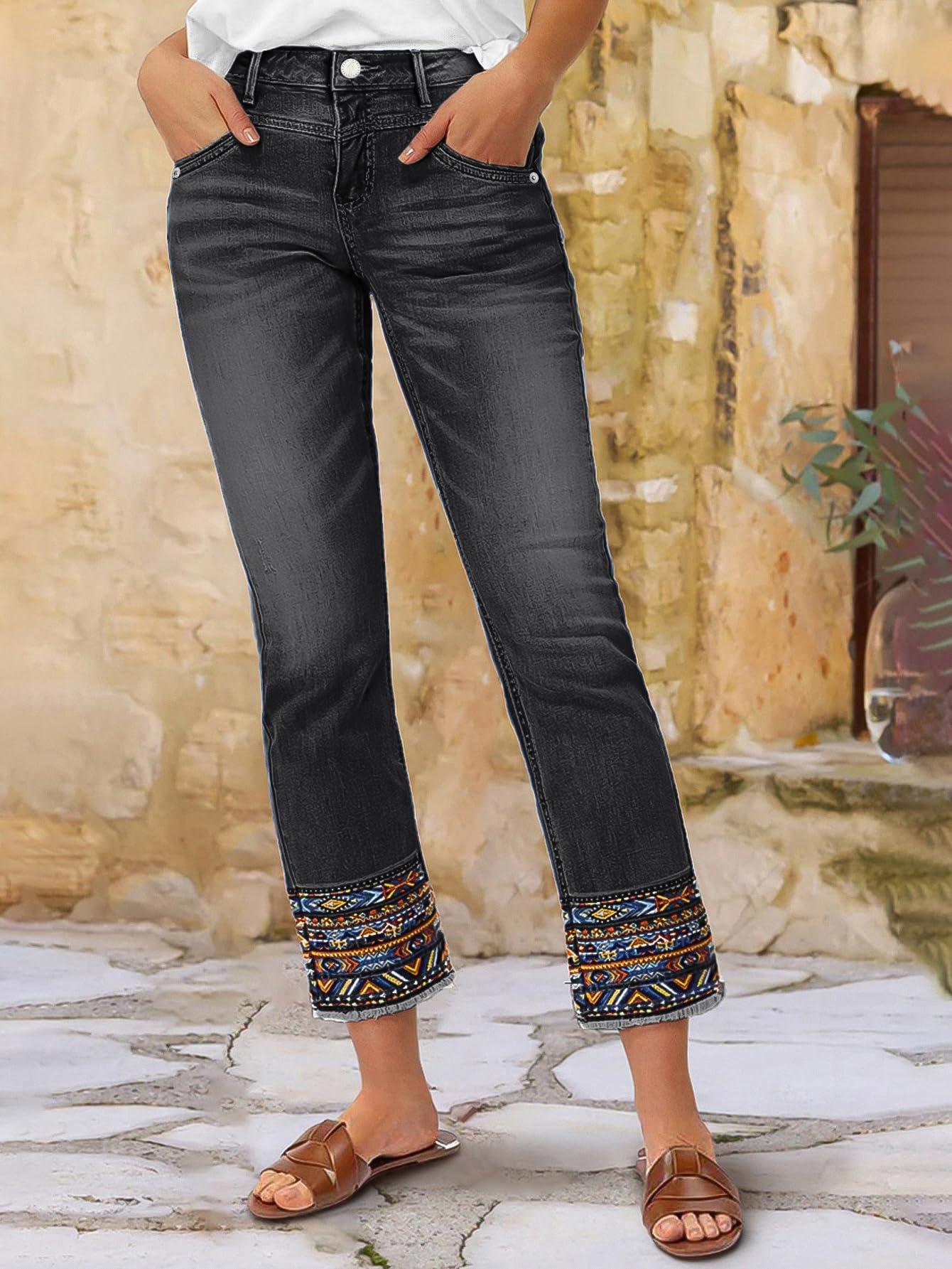 Flamingals Straight Leg Cropped Jeans for Women Trendy Mid Rise Stretchy Tribal Embroidery Raw Hem Ankle Jeans