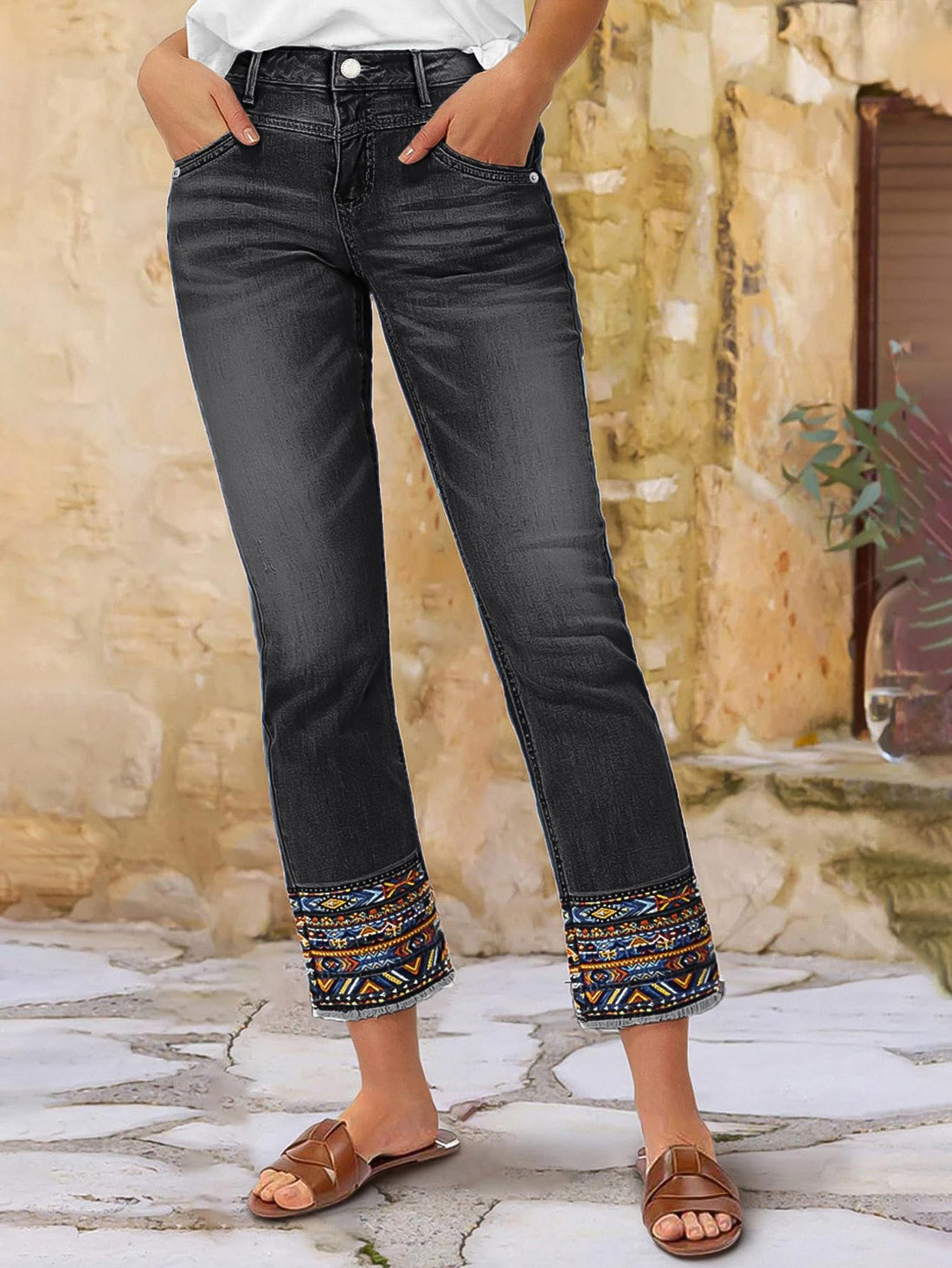 Flamingals Straight Leg Cropped Jeans for Women Trendy Mid Rise Stretchy Tribal Embroidery Raw Hem Ankle Jeans