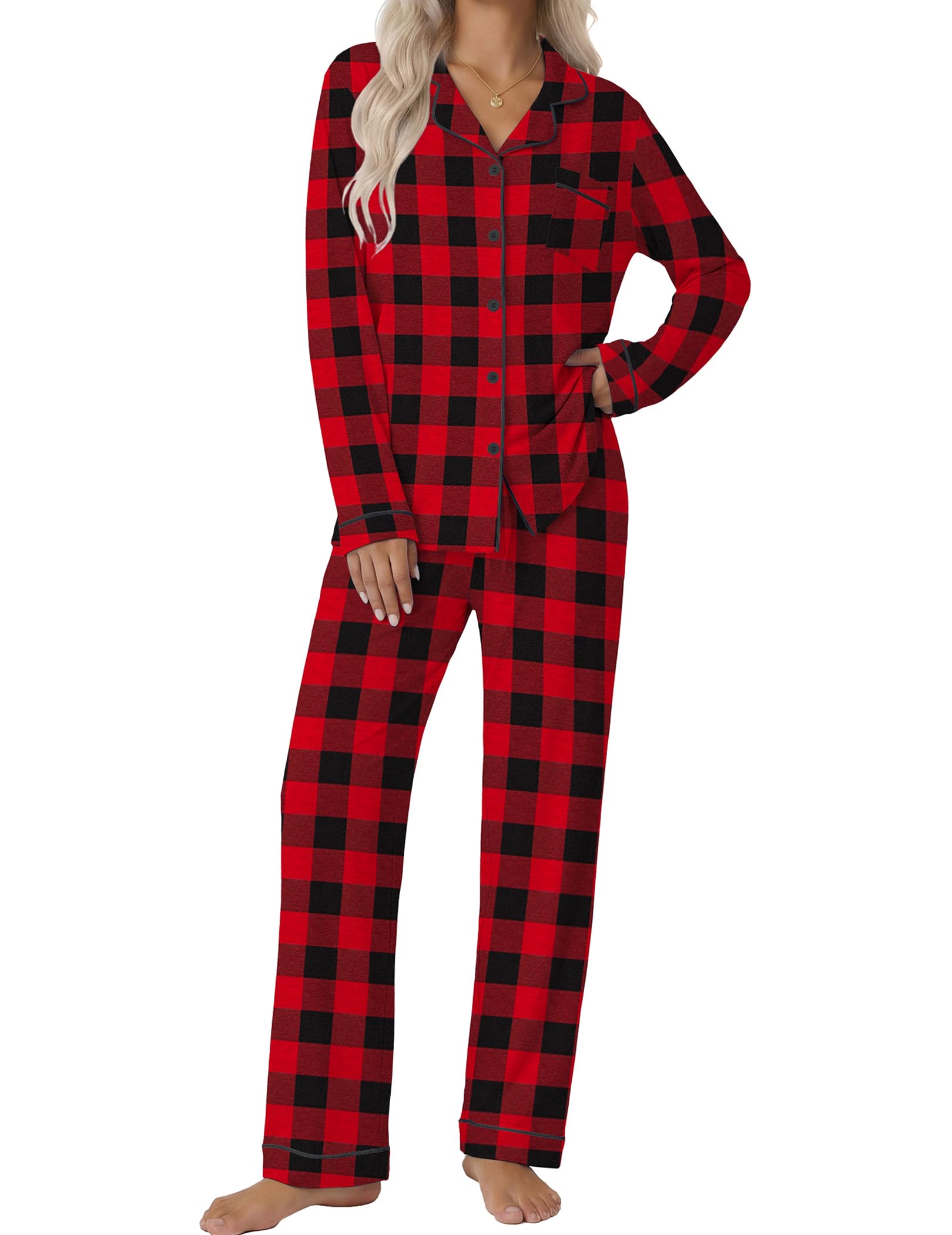 Ekouaer Women's Classic Long Sleeve Button Down Pajama Set