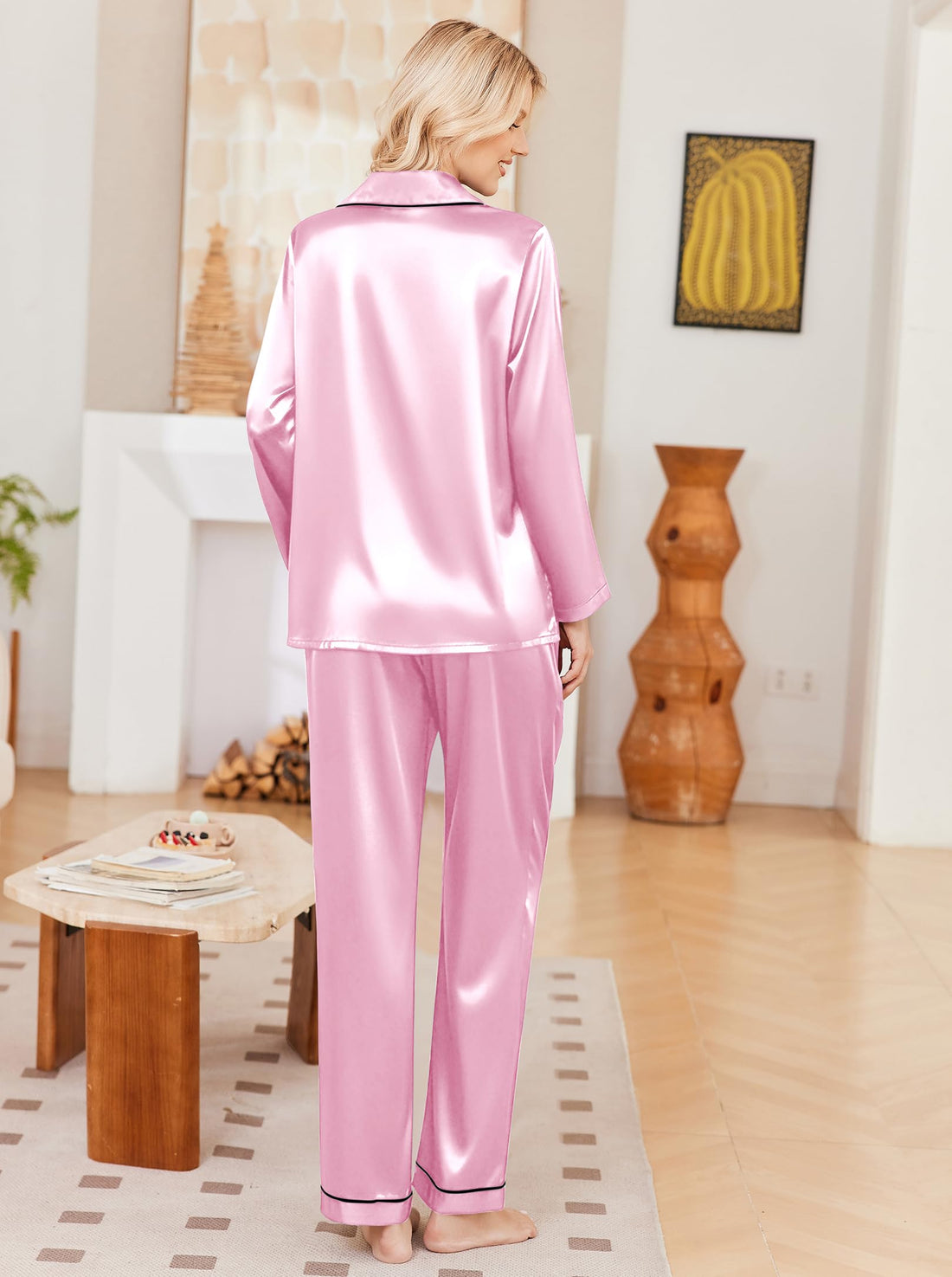 Ekouaer Womens Pajamas Silk Satin Long Sleeve Button Down Pjs Lounge Set