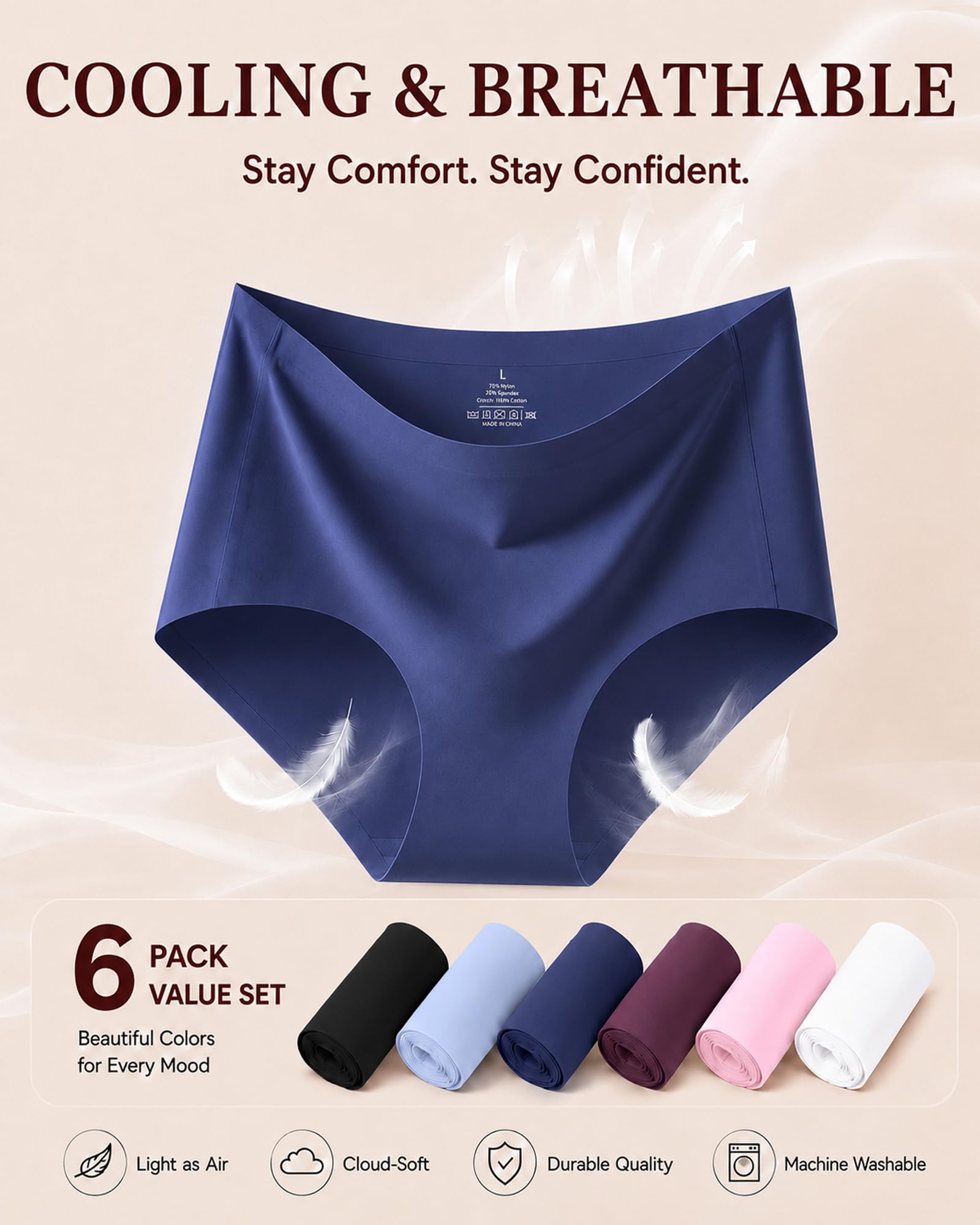 FINETOO 6 Pack Womens Seamless Underwear Full Coverage No Show Hipster Panties Sexy Stretchy Invisible Briefs Bikini Lingerie