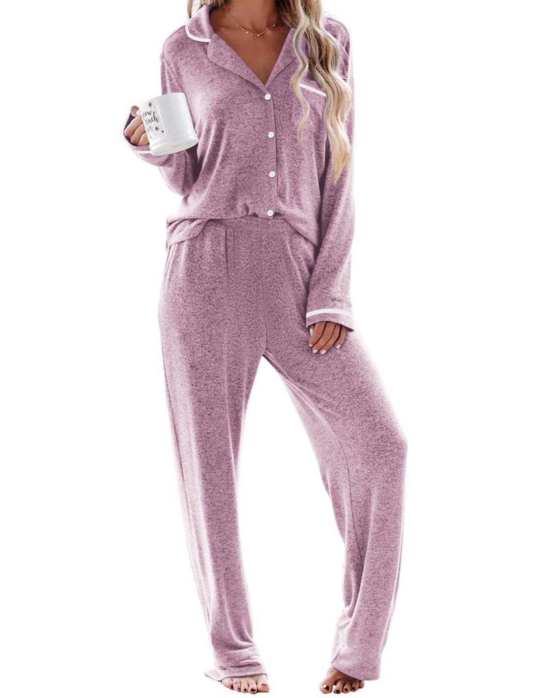 Ekouaer Womens Pajama Sets Long Sleeve Button Down 2 Piece Soft Pjs