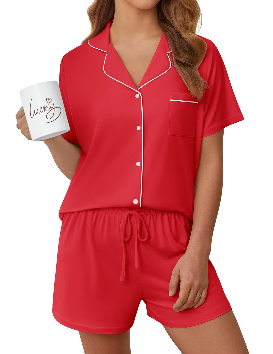 Womens Pajama Sets Summer Pjs Short Sleeve Button Down Top and Shorts Bride Sleepwear 2 Piece Comfy Lounge Set S-XXL