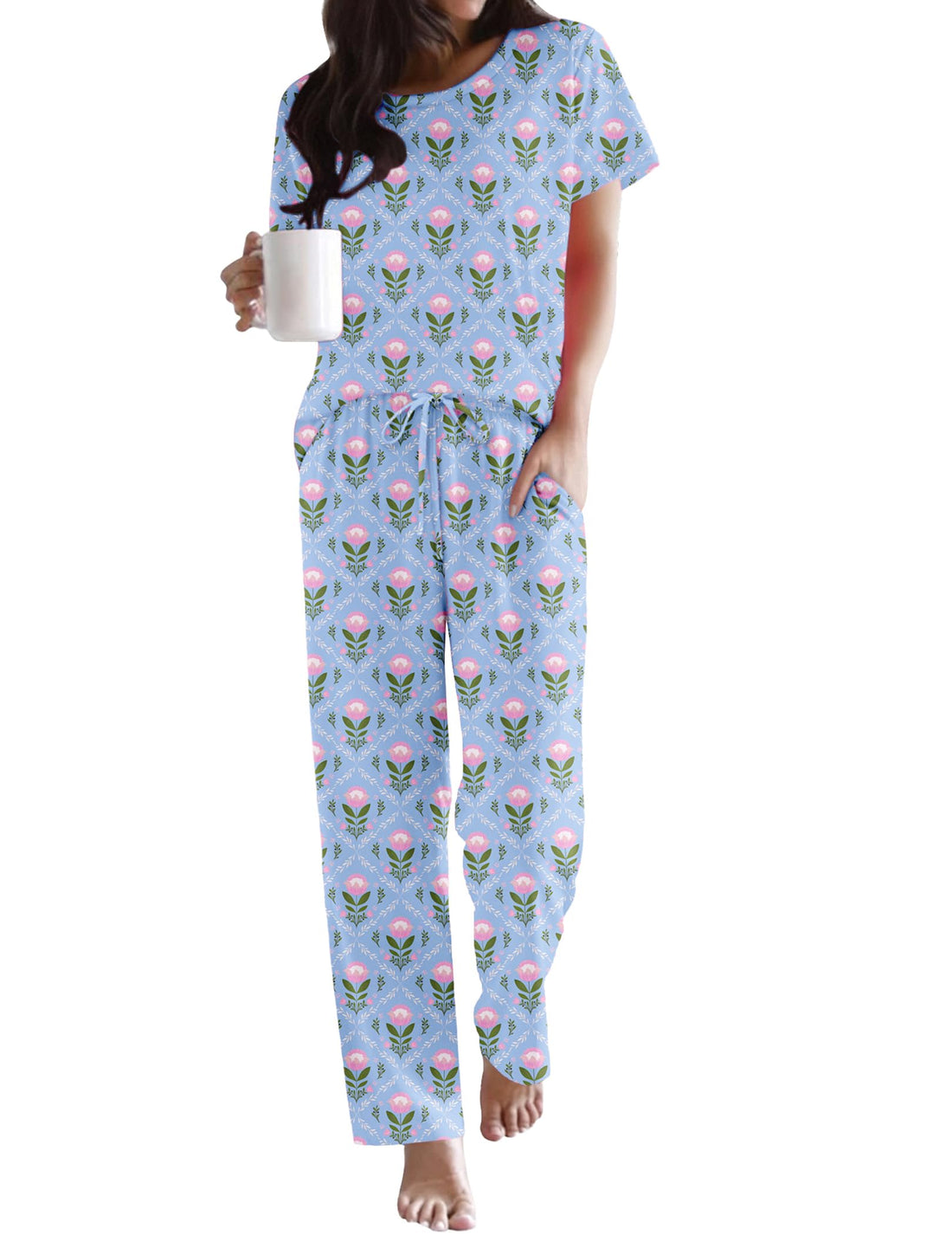 Ekouaer Womens Pajamas Sets Round Neck Pjs Loose Lounge Sets Sleepwear