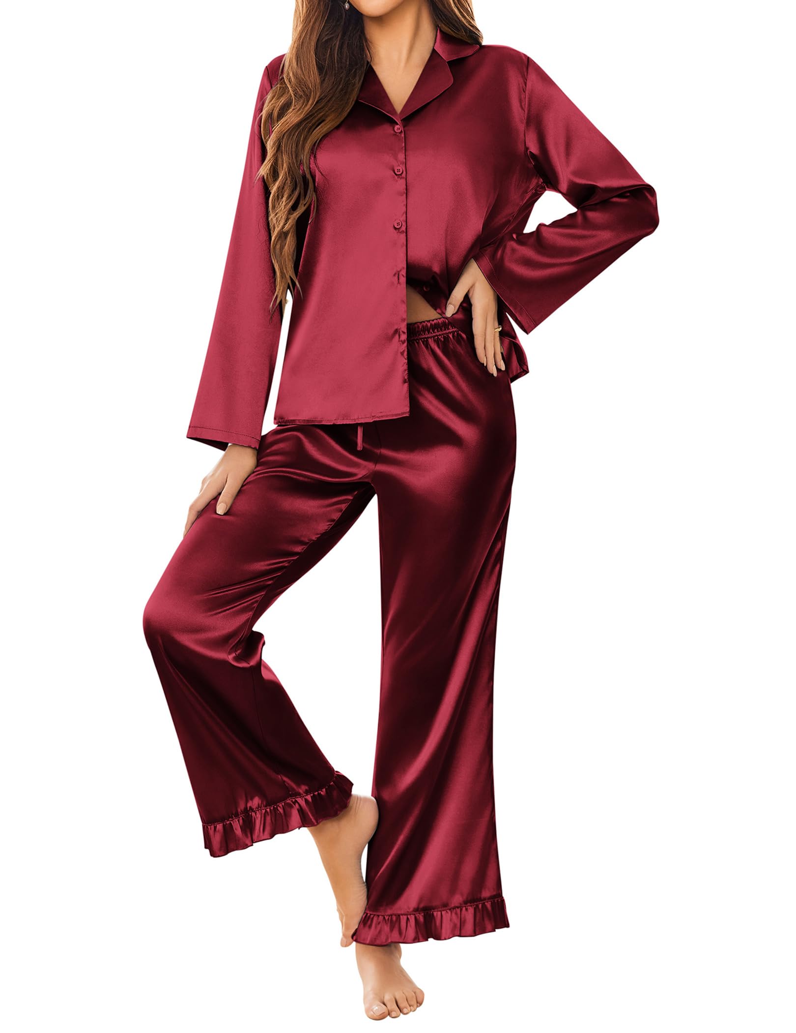 Ekouaer Satin Pajama Set for Women Long Button Down Silk Pj with Ruffle