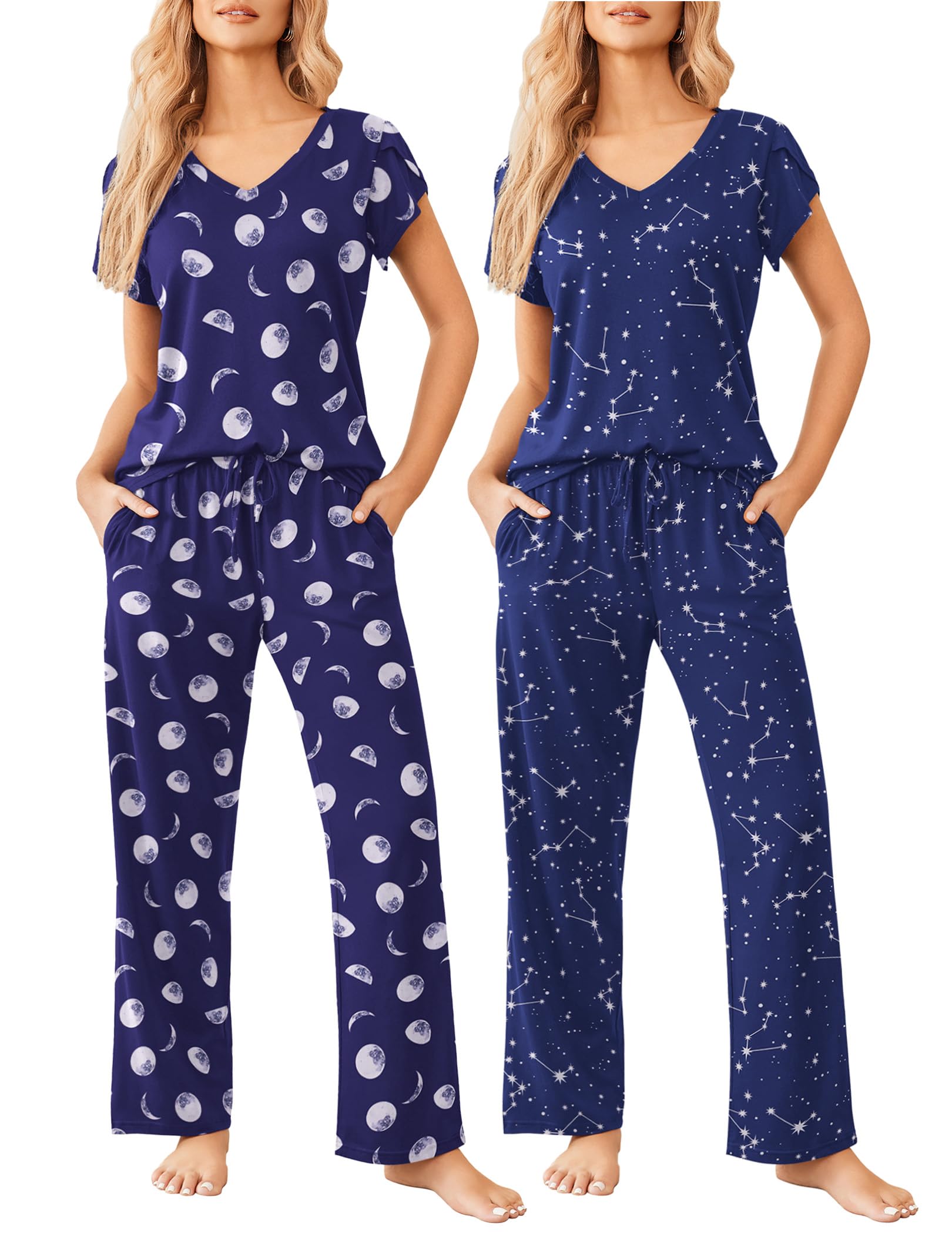 Ekouaer 2 Pack Womens Pajama Set Short Sleeve Sleepwear Soft Pjs Lounge Set