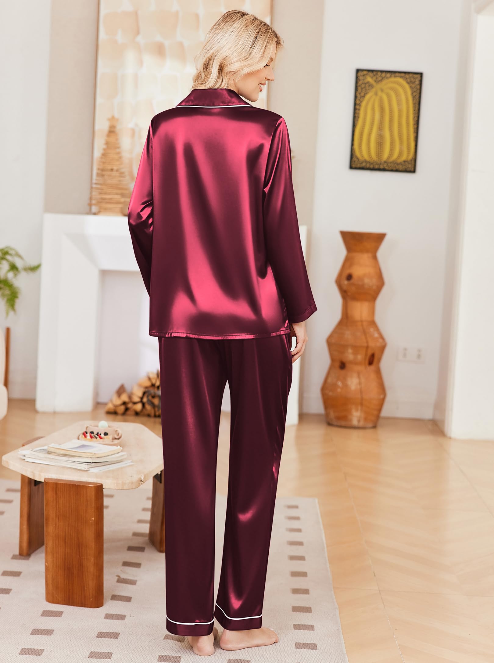 Ekouaer Womens Pajamas Silk Satin Long Sleeve Button Down Pjs Lounge Set