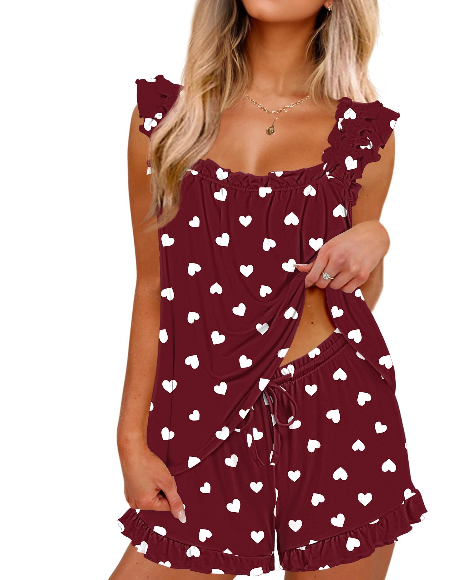 Ekouaer Pajama for Women Set 2 Piece Ruffle Pjs Soft Tank Top and Shorts