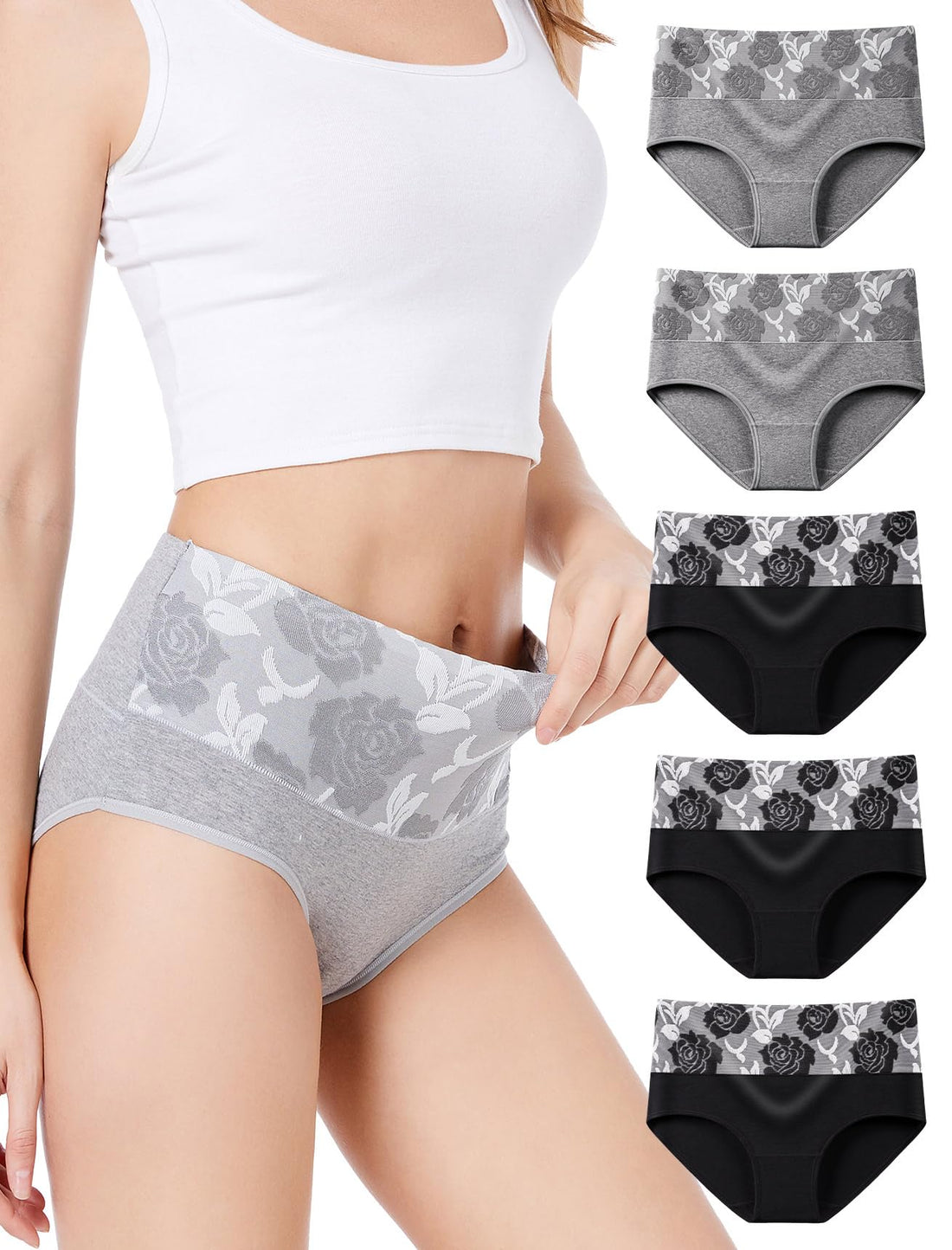 HAVVIS Women's Briefs Underwear Cotton High Waist Tummy Control Panties Rose Jacquard Ladies Panty Multipack