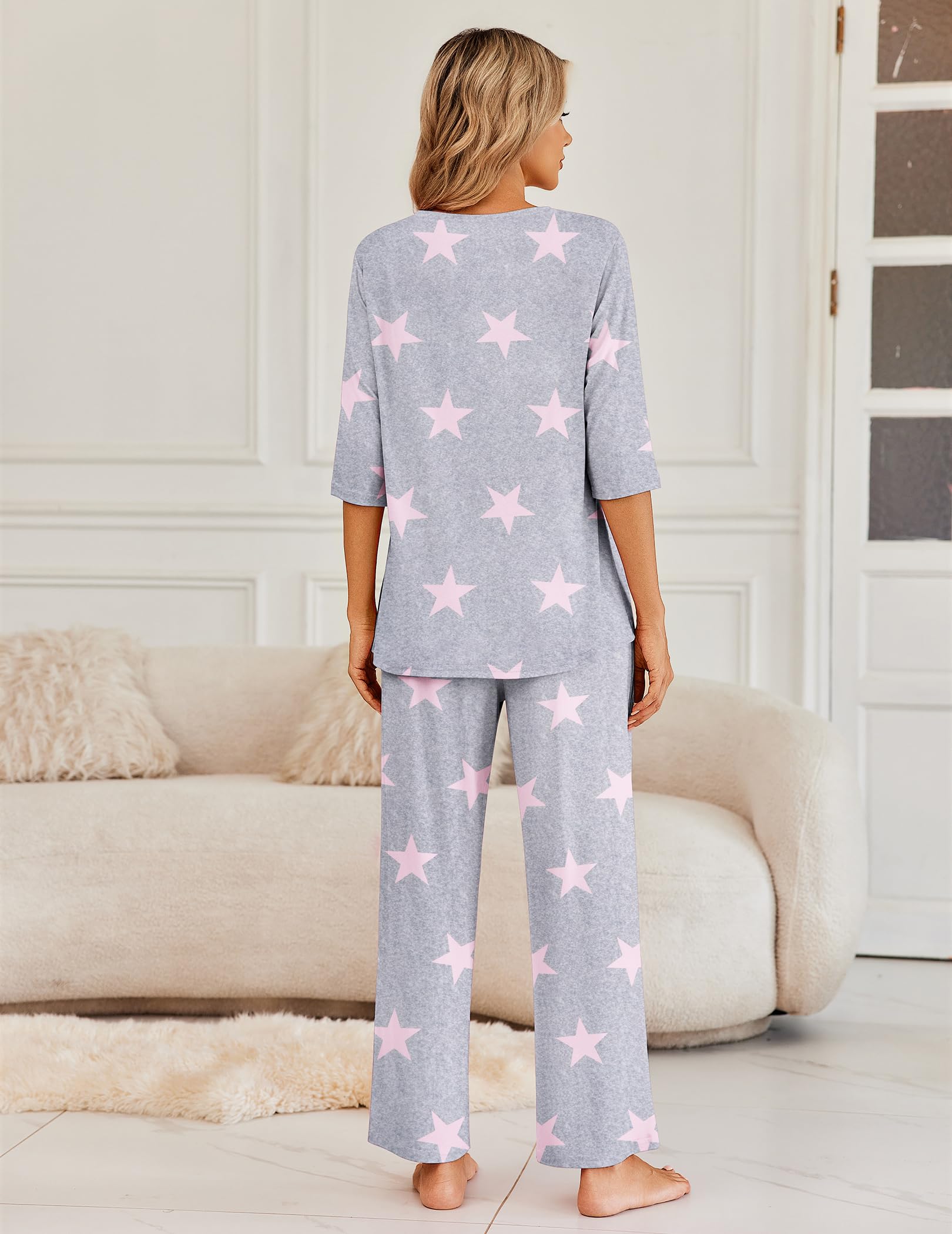 Ekouaer Womens Pajamas Set 2 Piece 3/4 Sleeve Tops Long Pants Pj Set