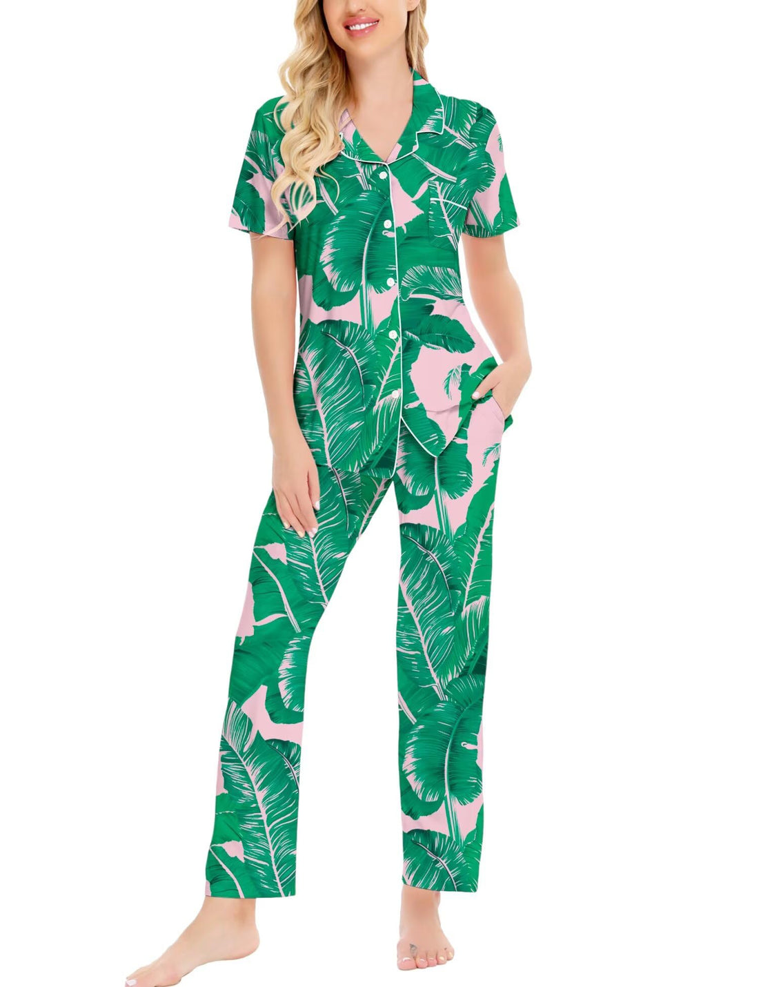 SWOMOG Women Pajama Sets Two-Piece Nightwear Short Sleeve Sleepwear Button Down Pj Lounge Sets with Long Pants