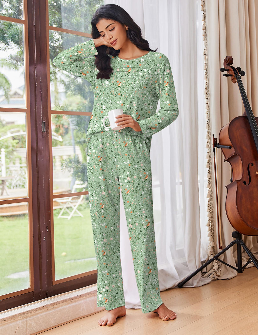 Ekouaer Womens Pajama Sets Pleated Tops with Long Sleeve Fall Lounge Set