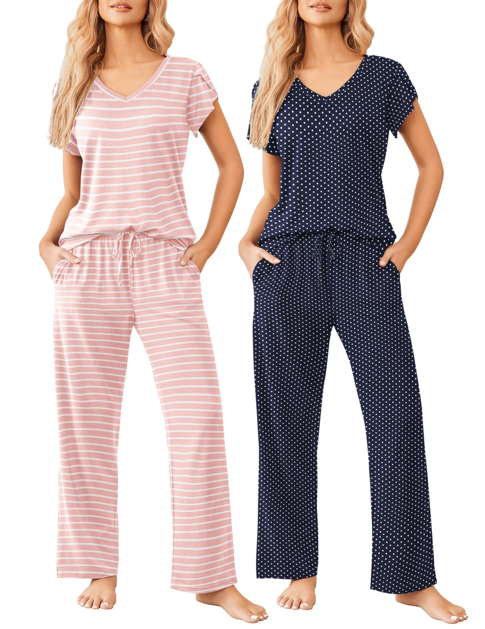 Ekouaer 2 Pack Womens Pajama Set Short Sleeve Sleepwear Soft Pjs Lounge Set