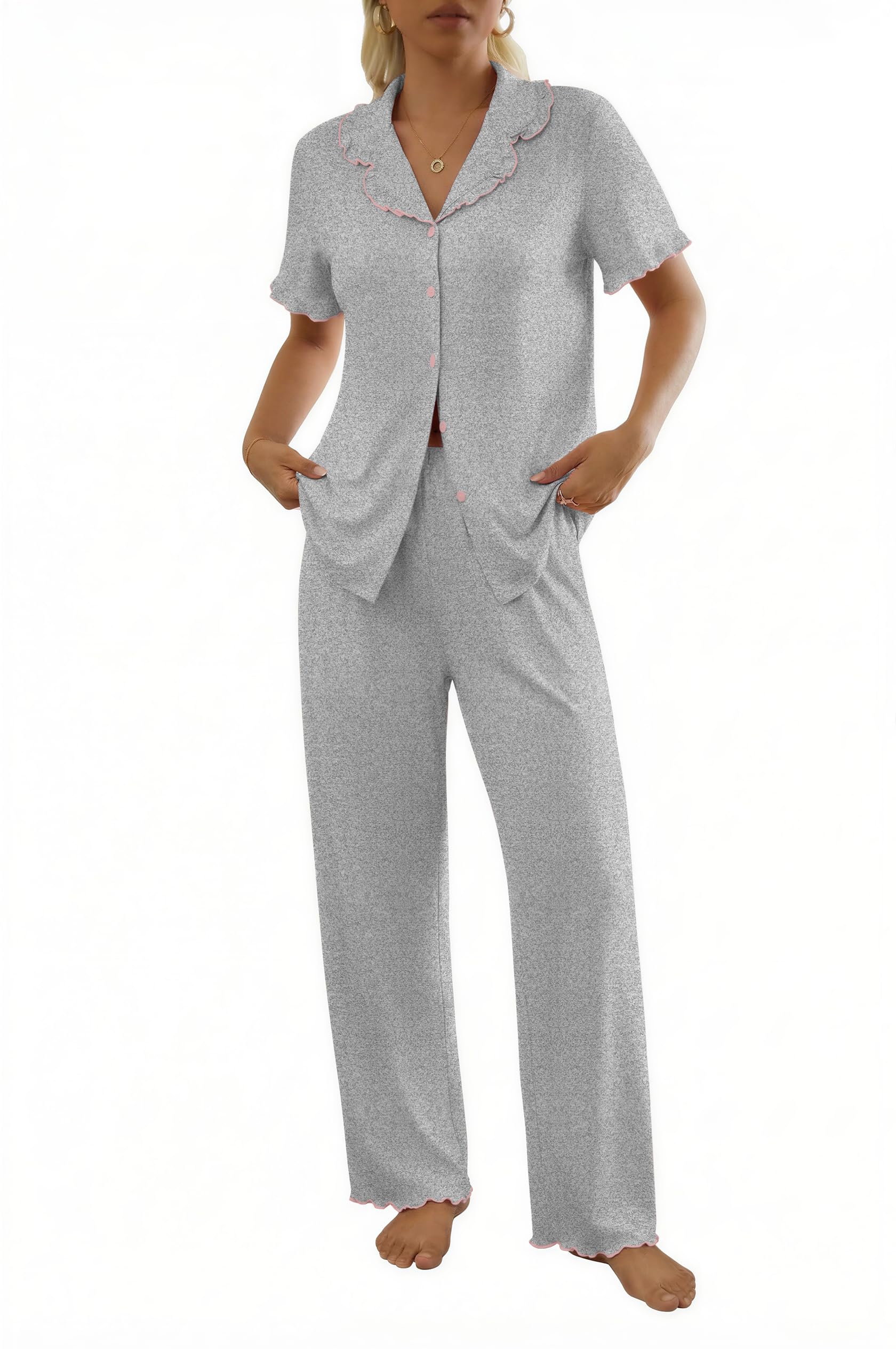 Ekouaer Womens Pajama Sets Short Sleeve Printed PJs Button Down Sleepwear