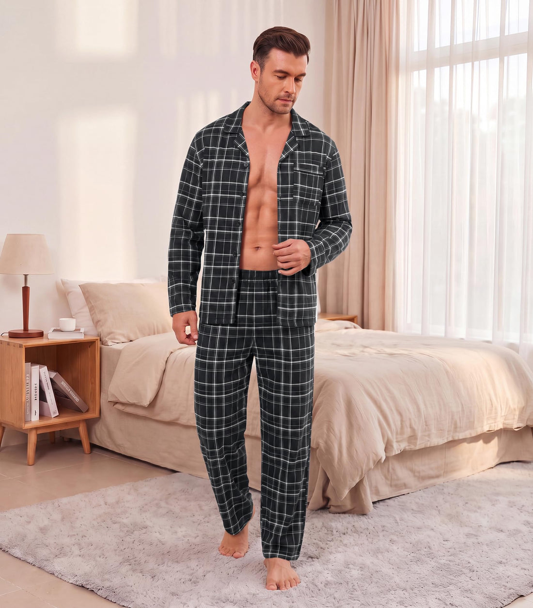 Ekouaer Mens Pajamas Set Long Sleeve Button Down Pjs Long Pants with Pocket