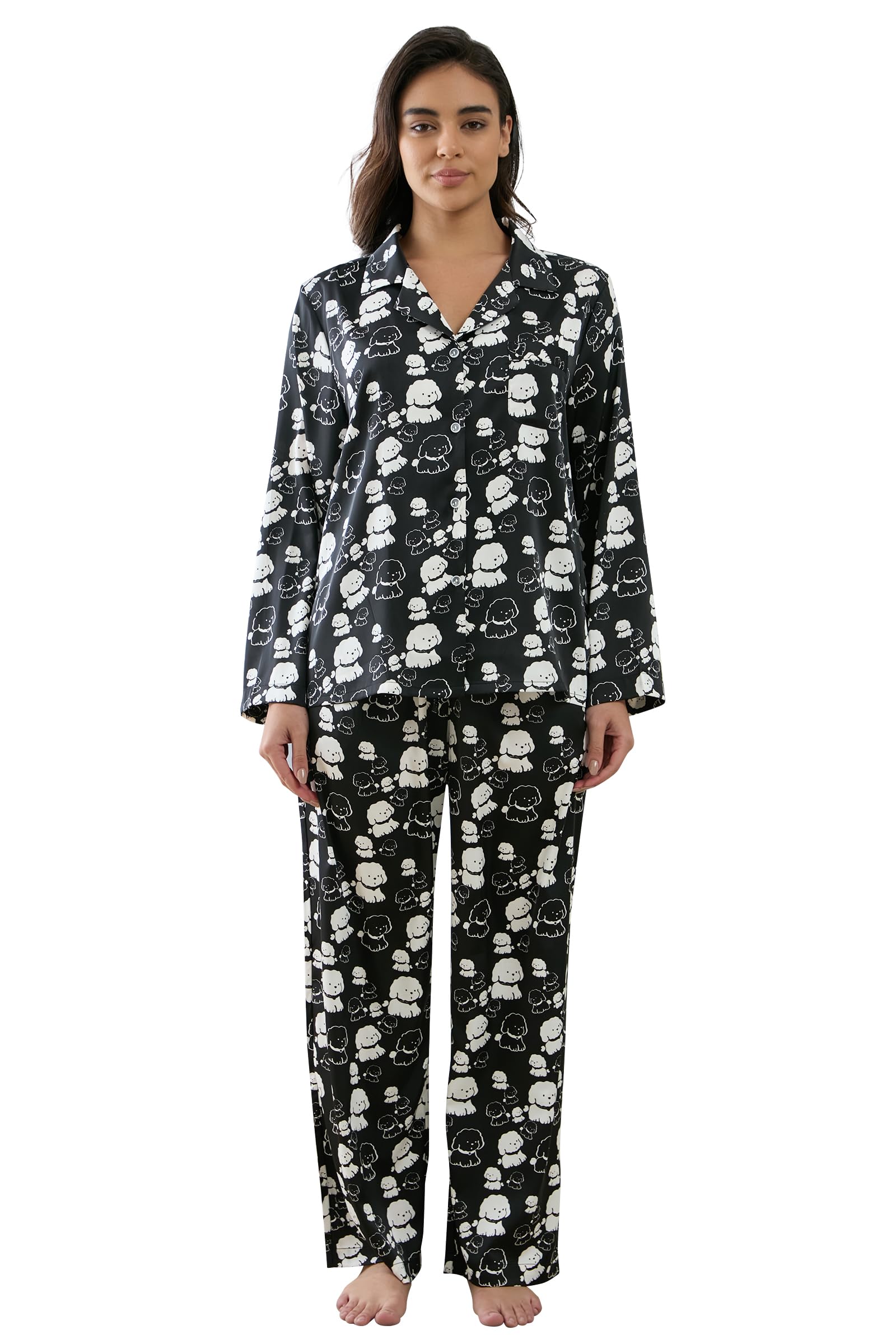 YiNi LuLu Womens Silk Satin Pajamas Set Button Down 2 Piece Pjs Long Sleeve Oversized Sleepwear with Pockets
