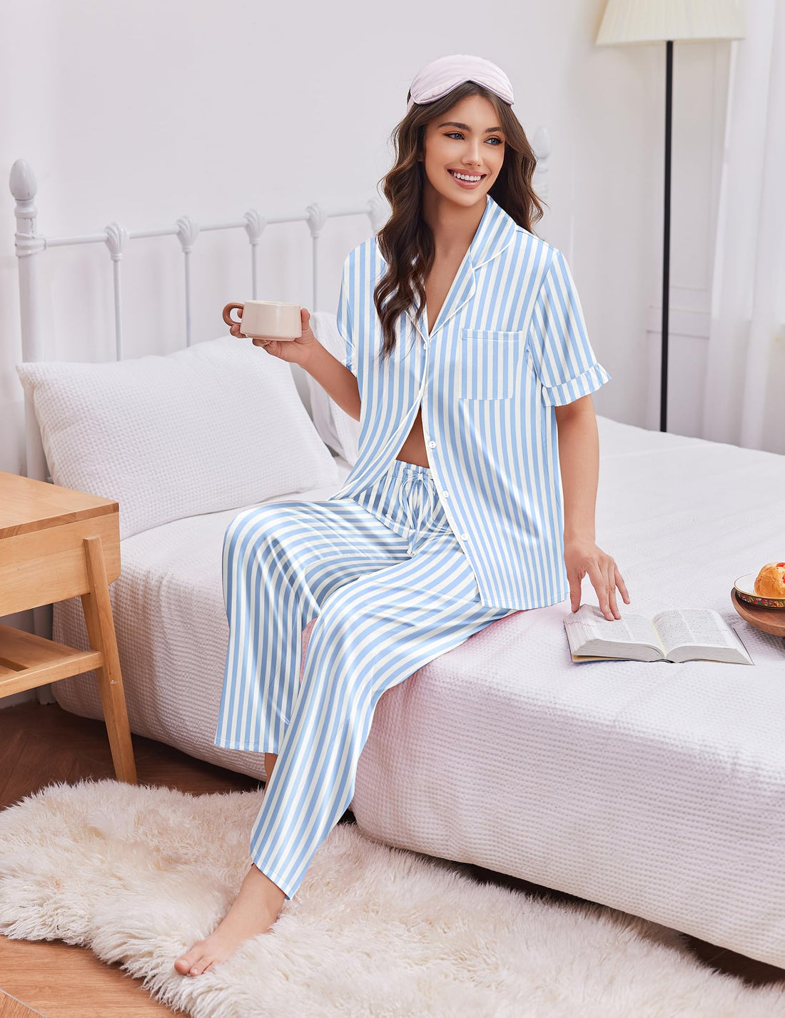 Ekouaer Silk Satin Pajamas for Women Set 2 Piece Short Sleeve Button Up Pjs